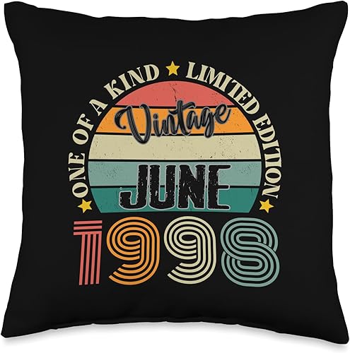 26 Year Old Vintage June 1998 26th Birthday Retro Throw Pillow, 16x16, Multicolor