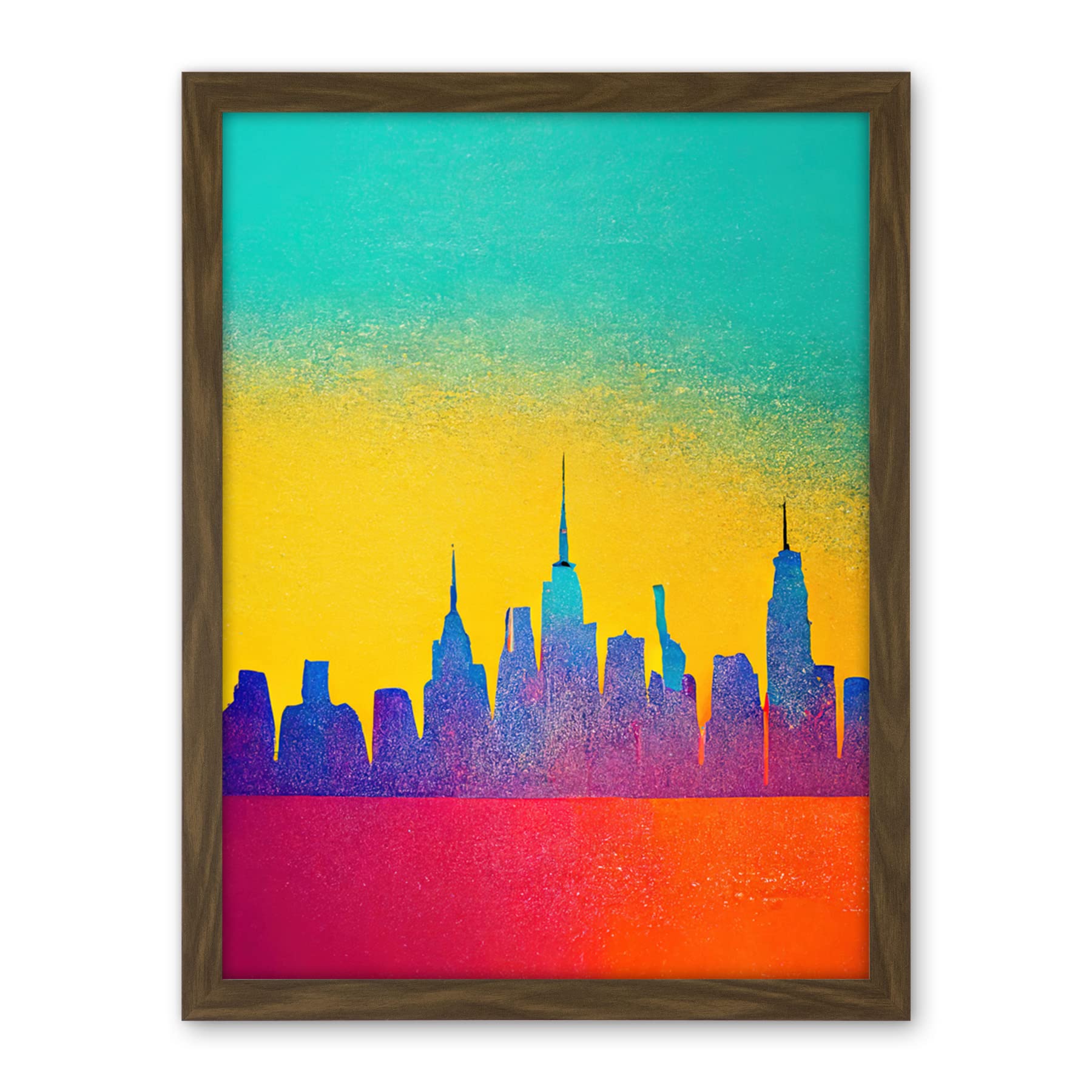 Wee Blue Coo Bright Colourful Abstract New York Skyline Cityscape Yellow Blue Coral Turquoise Artwork Framed Wall Art Print 18X24 Inch