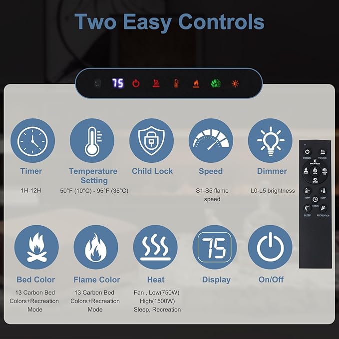 Chimenea Eléctrica DUMOS 36 Pulgadas Montaje Pared/Recesada/Pie, Negro miniatura 4