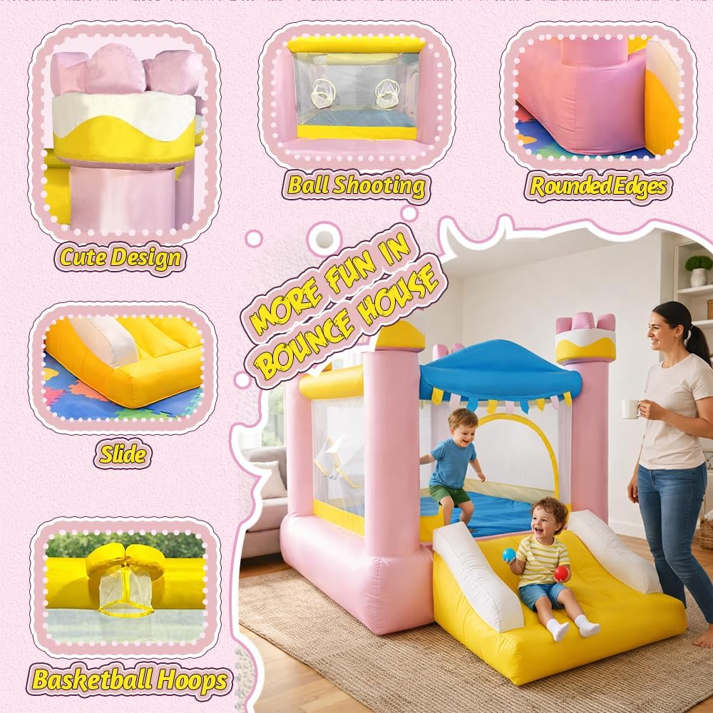 Inflatable Bounce House with Slide,Pink Bounce Park Castle with Blower,Playhouse Game Toy for Kids Party Outdoor Fun