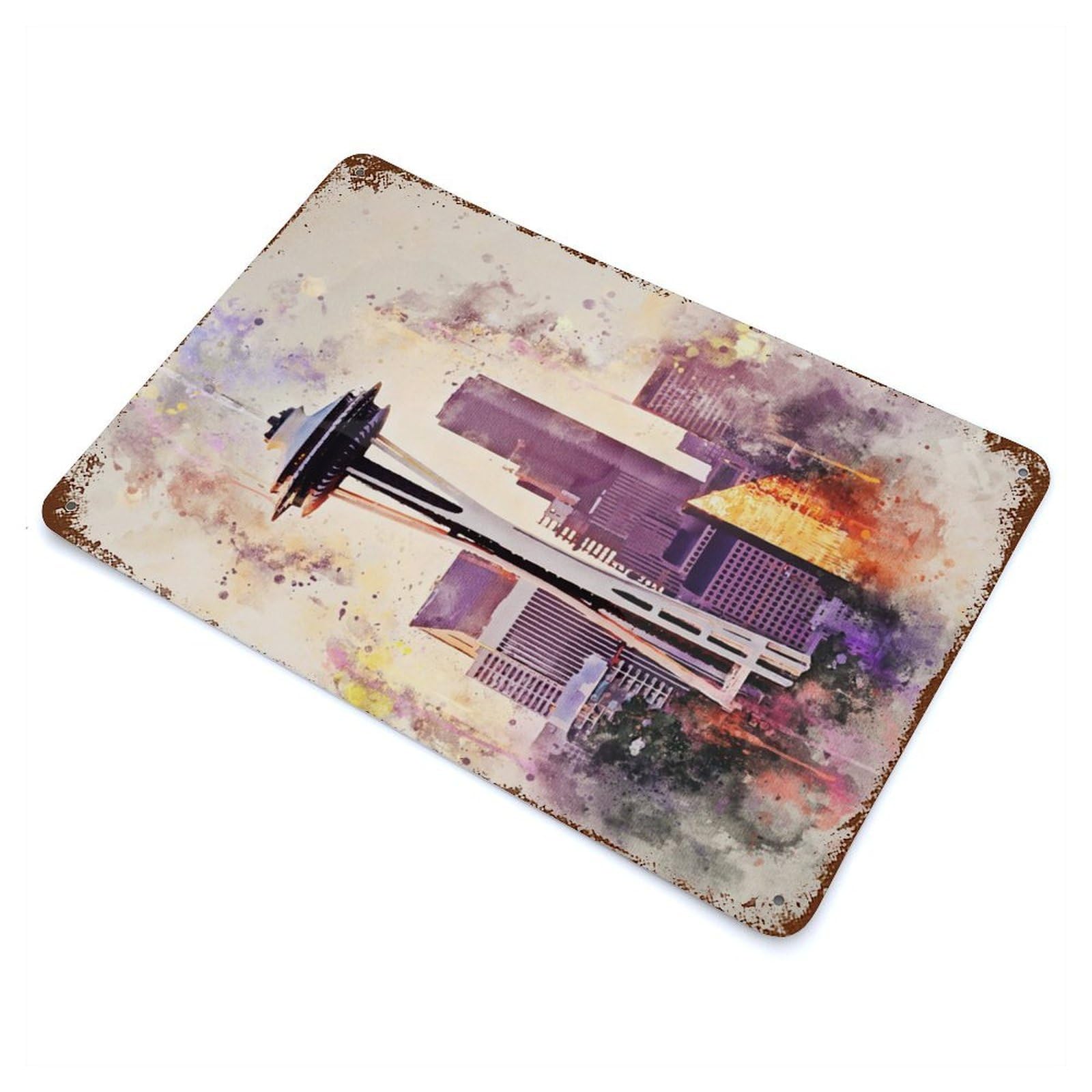 Seattle in Watercolor Vintage Wall Sign 11.8"x7.9", Rust Effect Metal Decor for Living Room, Hallway And Home Decor
