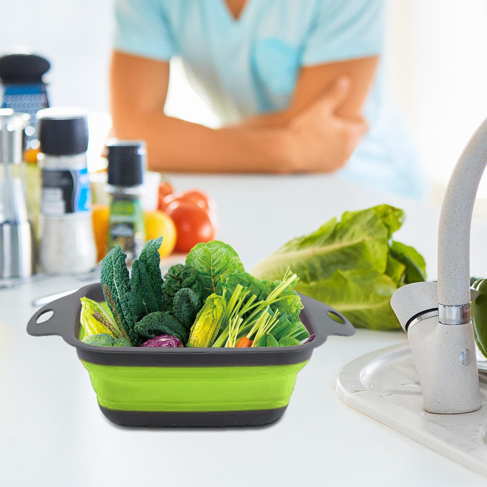 2 Scolapasta Pieghevoli In Silicone - Rosa E Blu, Per Frutta E Verdura - Foto 9