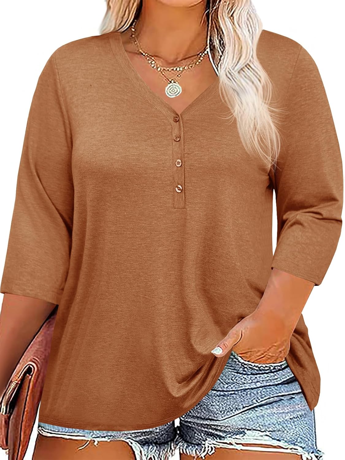 Tankaneo Women Plus Size Tops V Neck 3/4 Sleeve Casual T Shirts Loose Basic Tunic Tees
