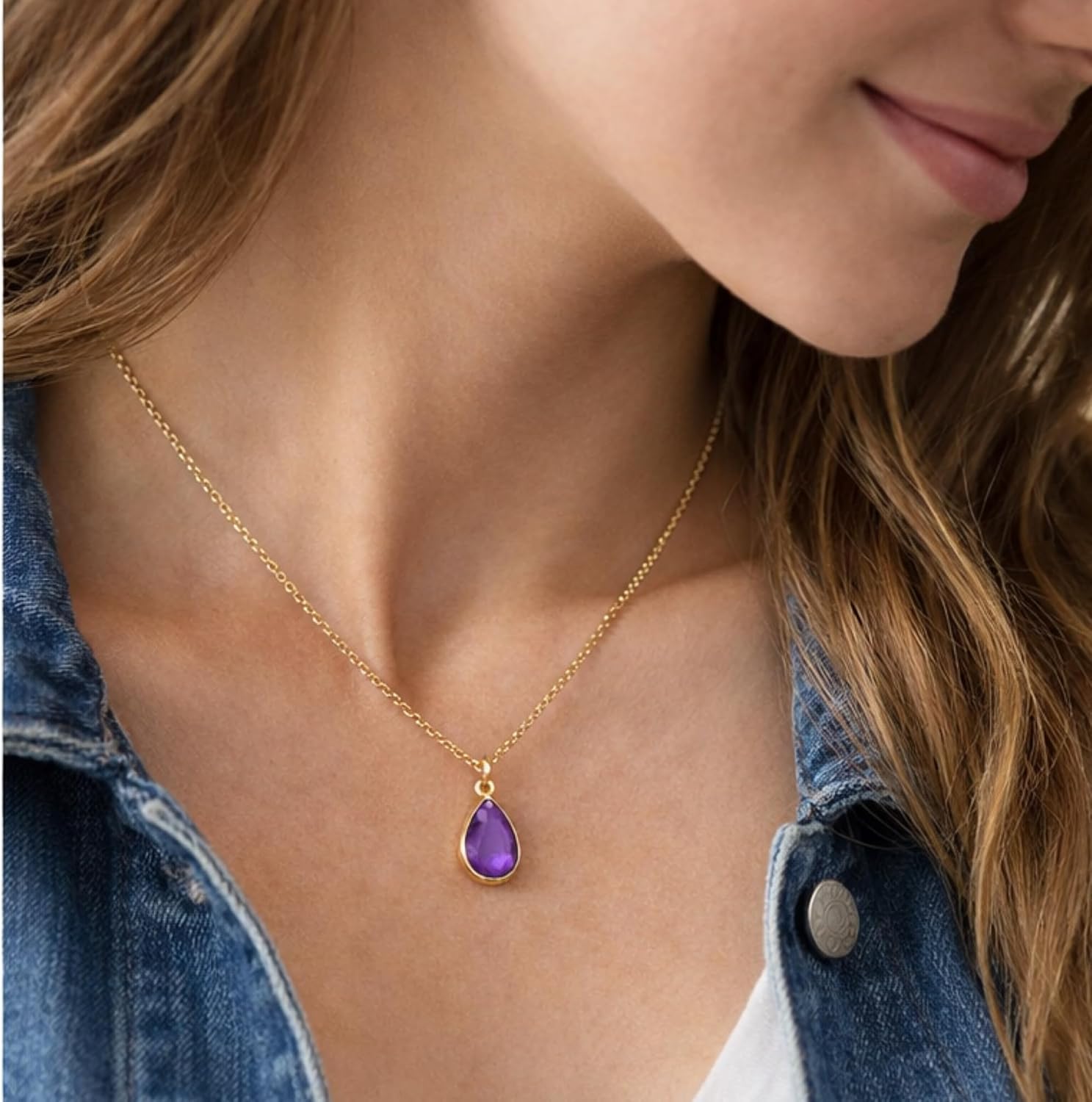 Amethyst Necklace for Women, Premium Gold Pear Drop Necklaces for Women - Tarnish Free 18K Gold Vermeil Certified S925 Classic Statement Gold Jewelry for Women - Mothers Day Gift for Mom Wife