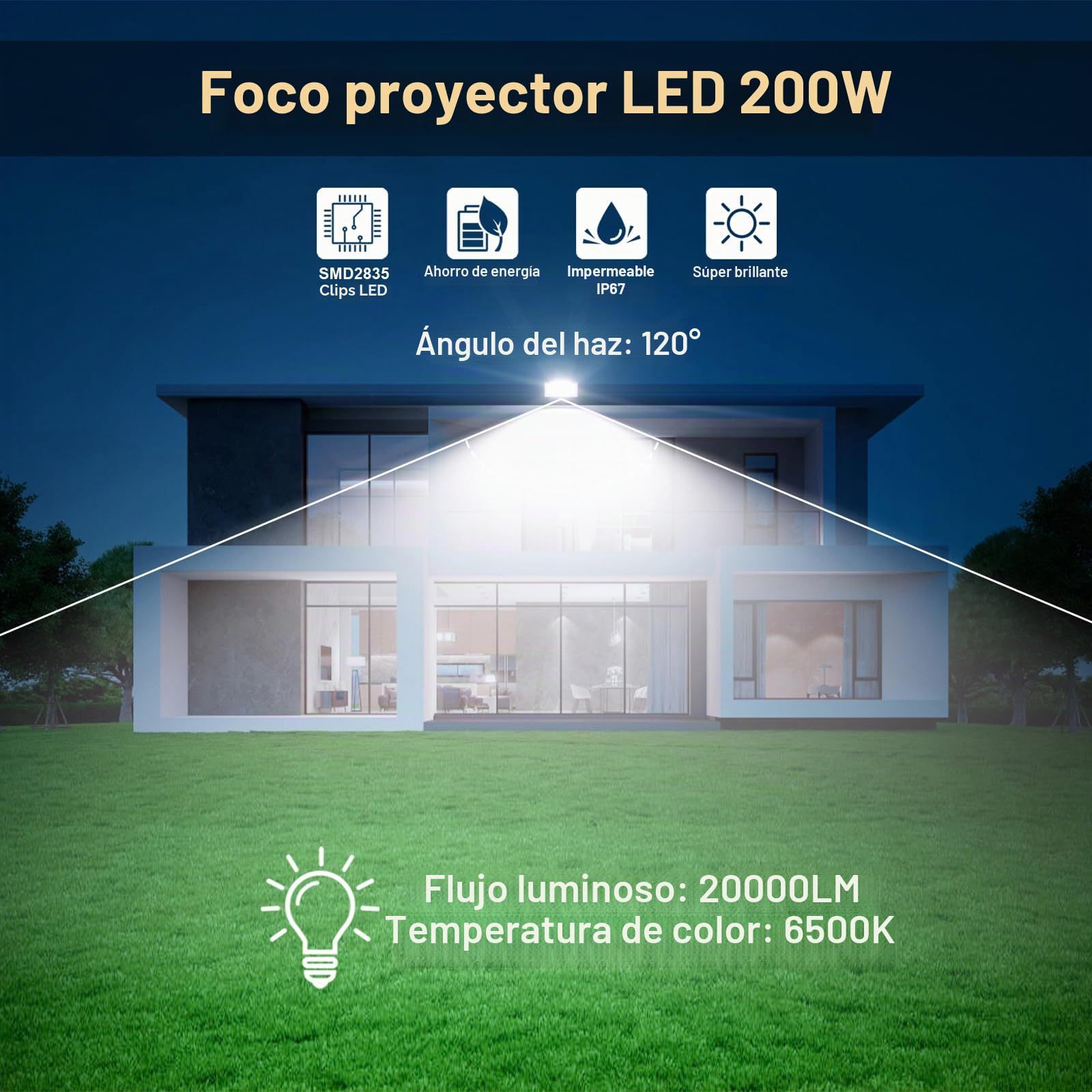 Focos LED Exterior 200W - 20000LM 6500K Blanco Frío Proyector LED Exterior 2 Piezas Impermeable IP67 Focos de Jardin/Patio