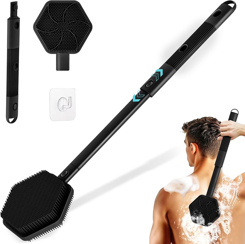 Escova de silicone para costas GEENOA com cabo ajustável e cabeça dupla, preta