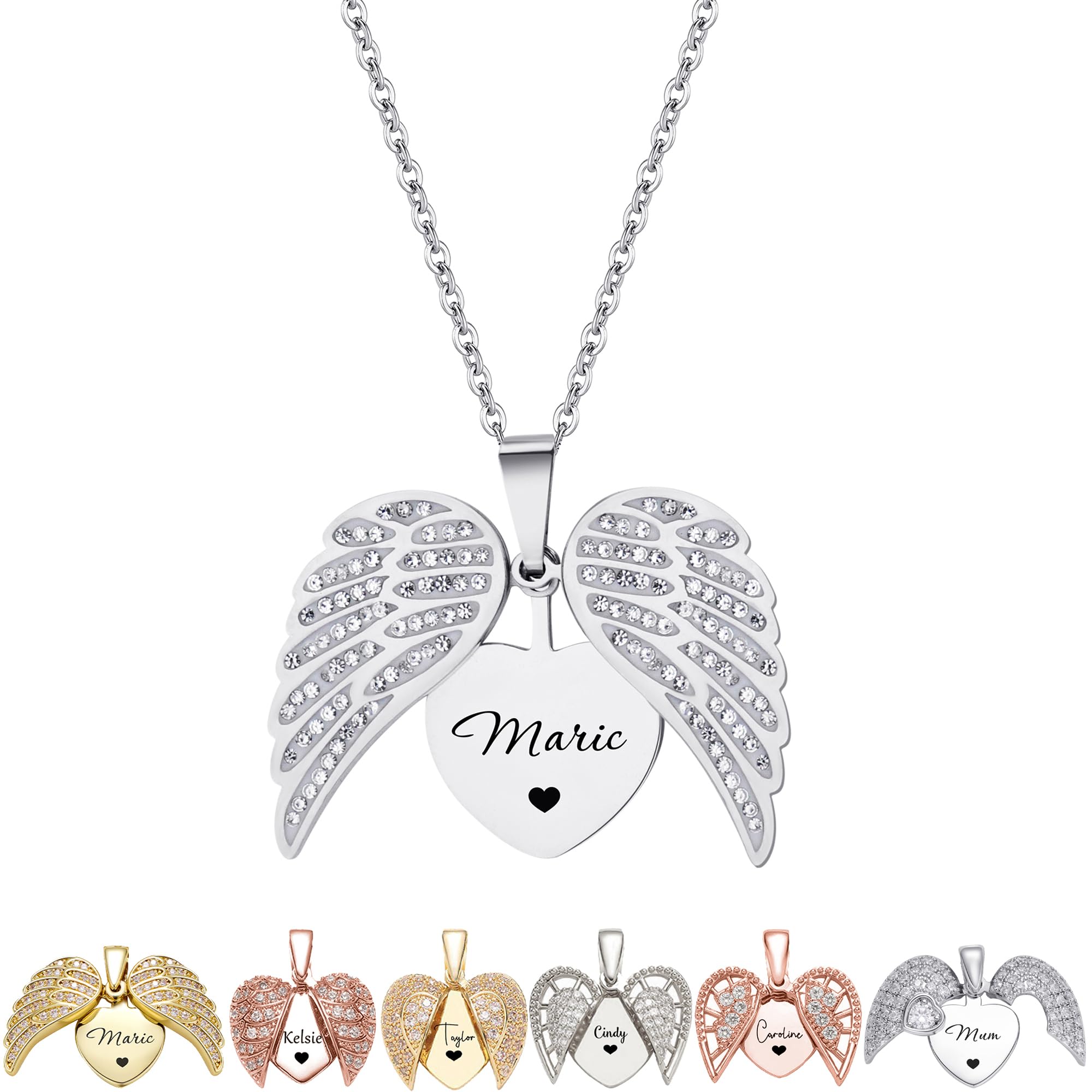 Personalizado alas de ángel collar personalizado grabado nombre collar corazón relicario parejas joyería conmemorativa regalo para mujeres hombres