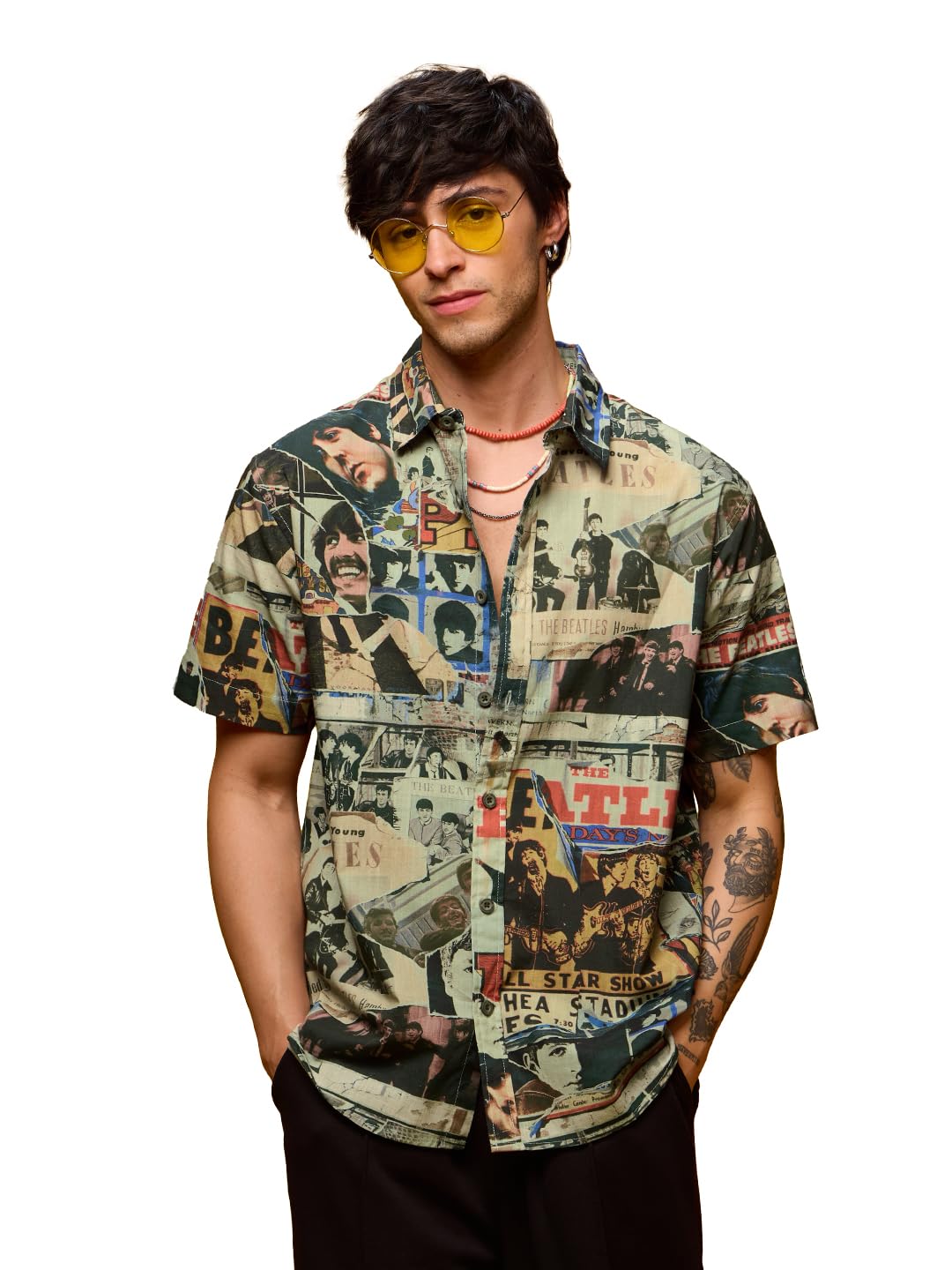 the souled store The Beatles: Through The Years Men and Boys Short Sleeves Collared Neck Button Front Multicolor All Over Printed Regular Fit Cotton Holiday Shirts-picture-12