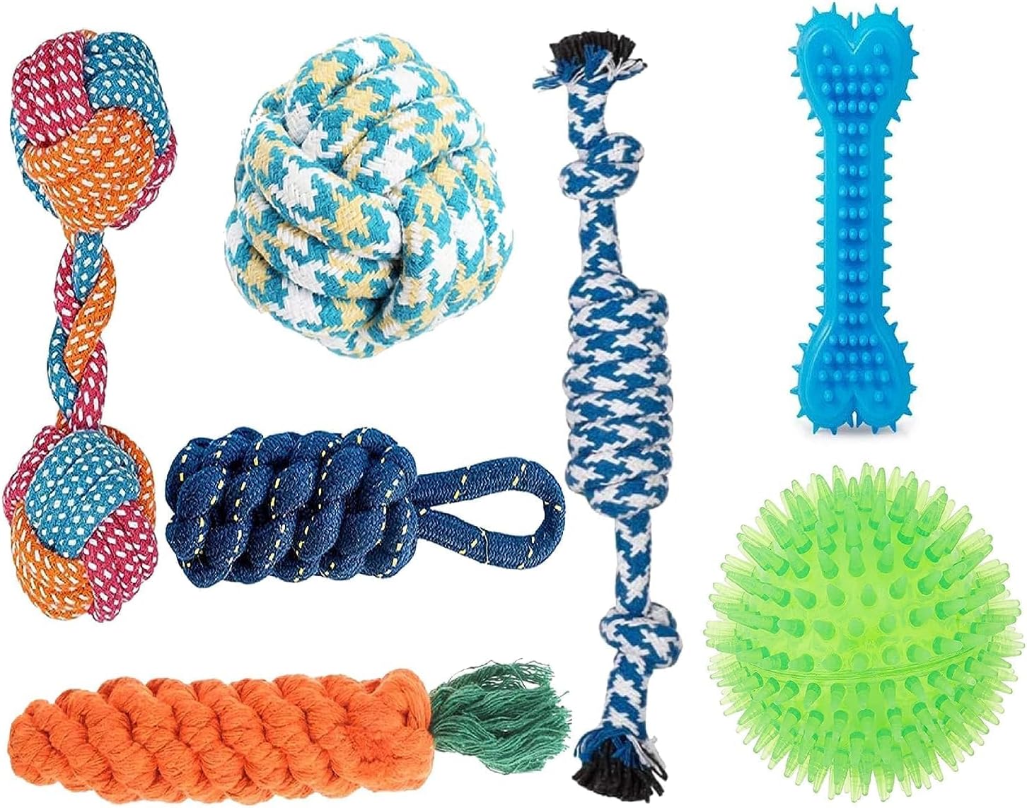 Dog Rope Toys + Chew Toys, Combo Pack of 7 (Color May Vary)