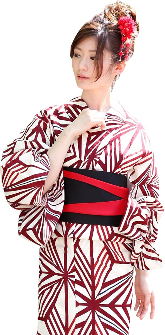 Amazon 浴衣 レディース セット 白地に赤線のモダン麻の葉 変わり織り綿浴衣3点セット 浴衣 通販