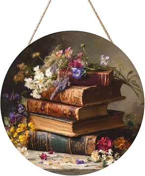 Vextrovia Vintage Books & Flower Bouquet, 8x8 Inch Round Wooden Sign, Wall Art, Wall Hanging Decorations, Simple Install, No Wall Marks, For Library Decorators & Nature Inspired Homeowners