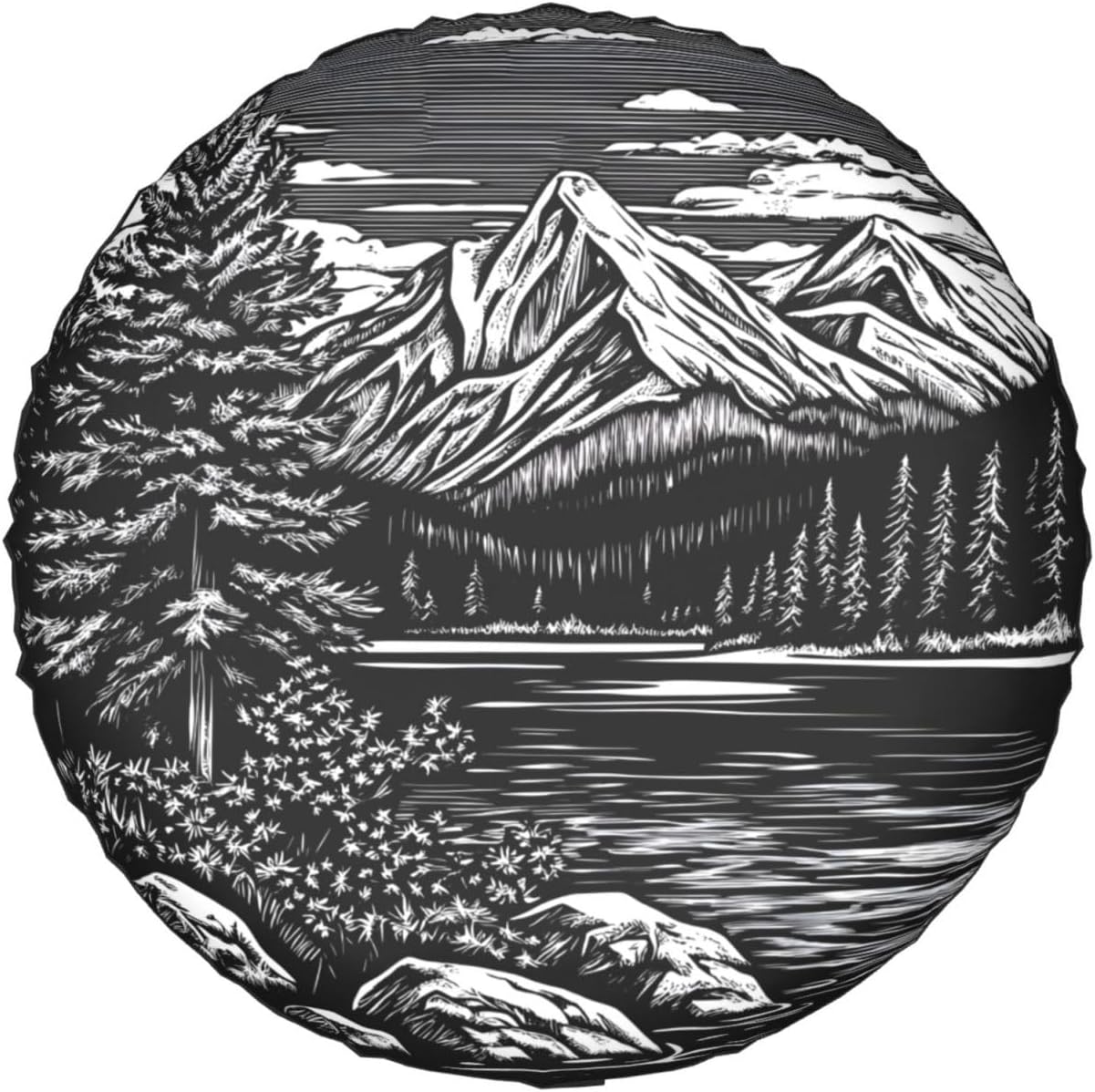 Spare Tire Cover, Universal Fit 16 Inch, Mountain Lake Design, Black (16 Inch)