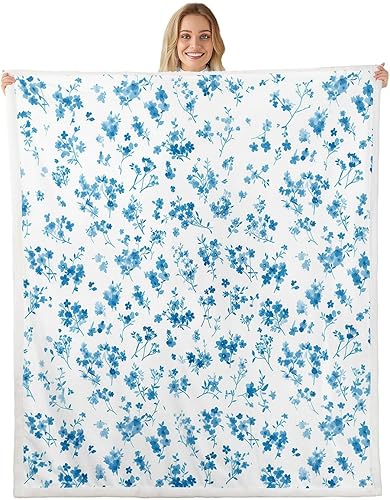 Manfei Blue Flower Throw Blanket Watercolor Floral Print Fleece Blanket Botanical Wildflower Cozy Throws for Bed Couch Sofa,Kids Boys Girls Room