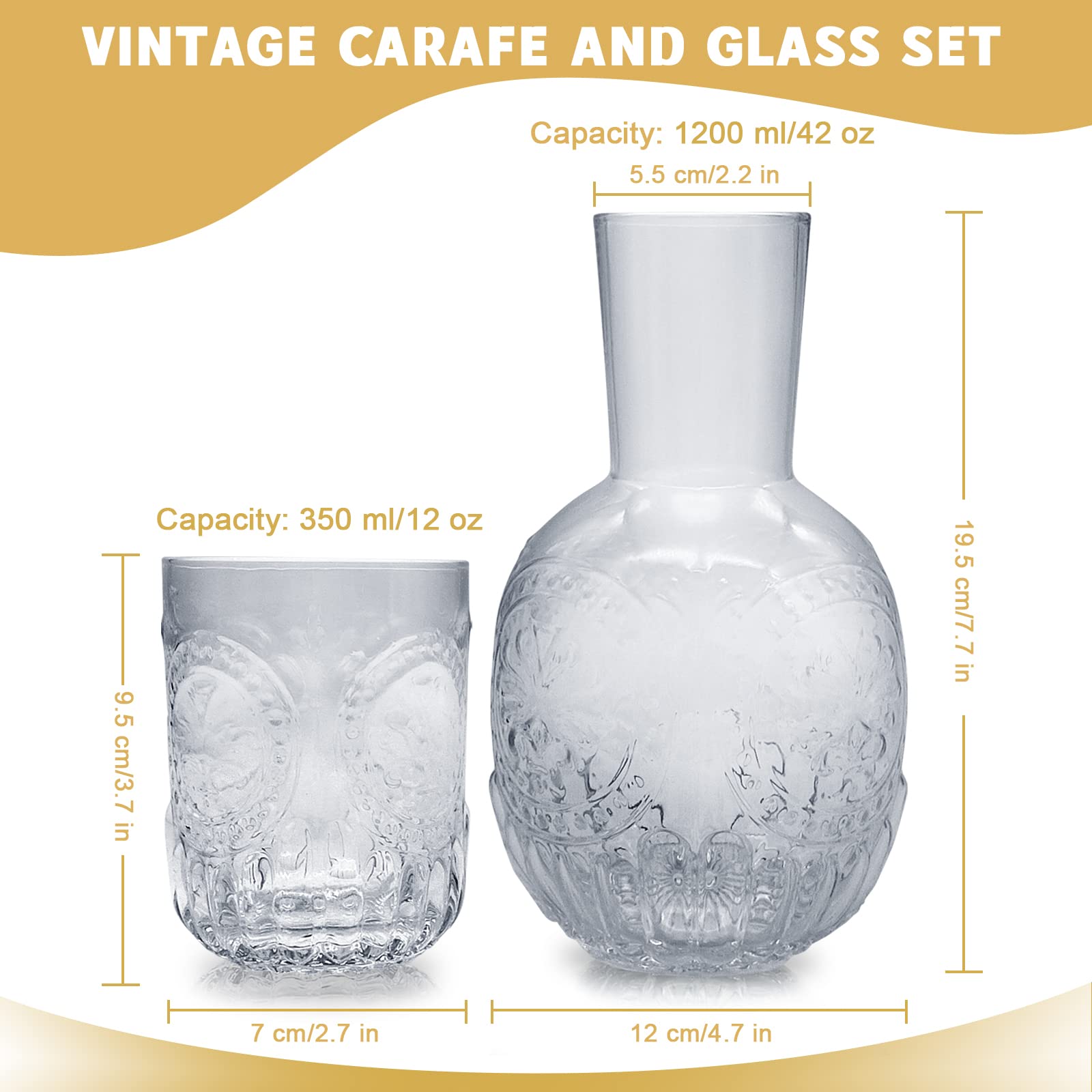 Set Caraffa per Acqua e Bicchiere da Comodino, Set Caraffa per Acqua e Bicchiere Vintage per