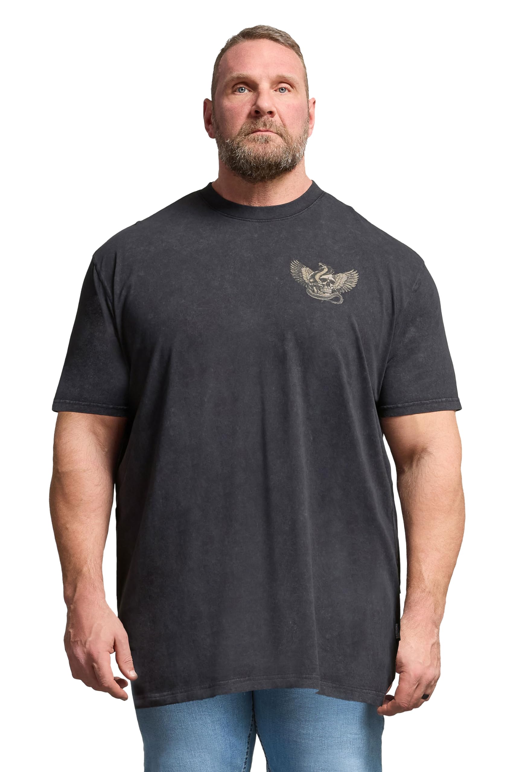 BadRhino Big & Tall Grey Extra Long Snake & Skull Graphic Acid Wash T-Shirt - Men's - Plus Size Curve