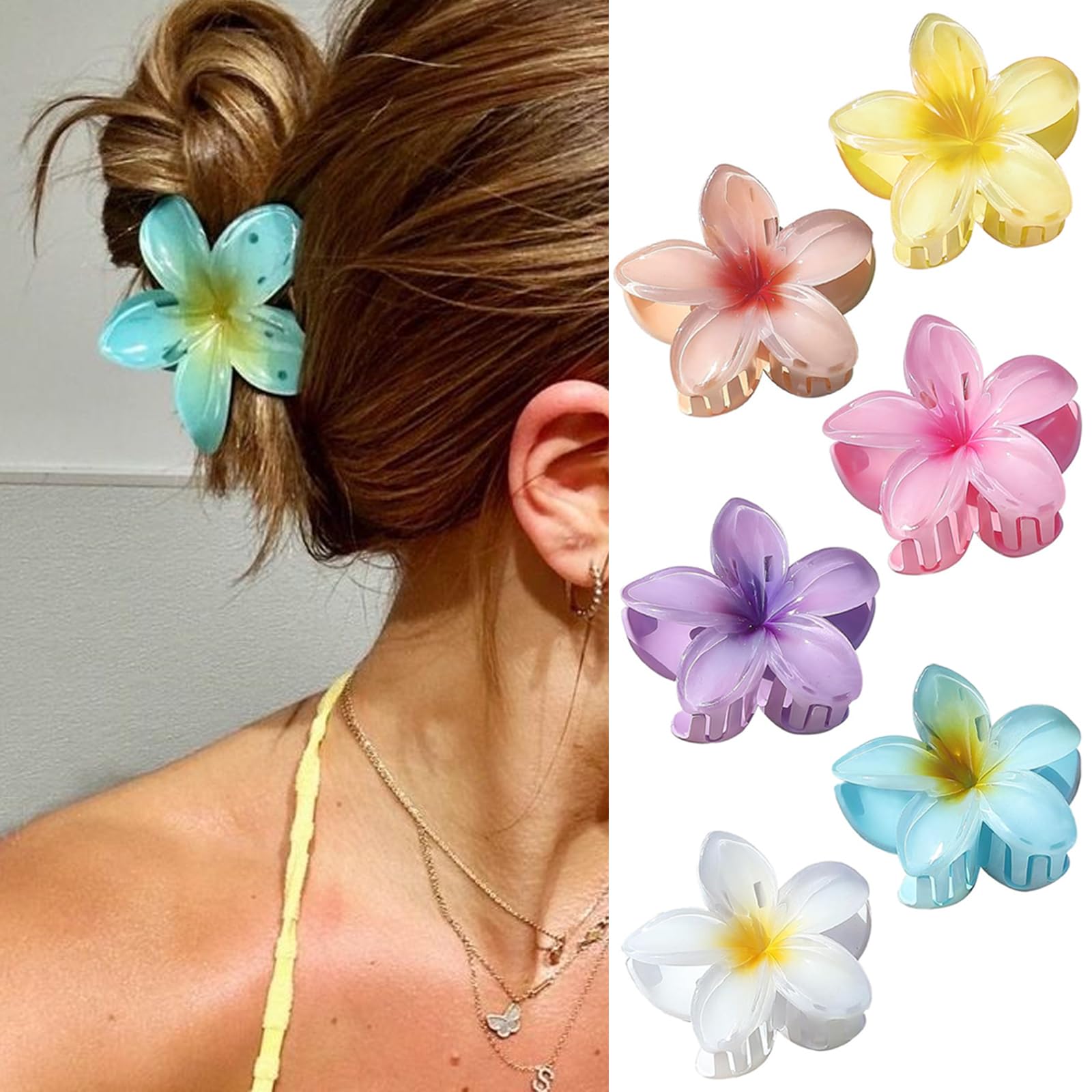 6Pcs Hawaiian Flower Hair Clips, Nonslip Strong Hold For Women,Large Hair Claw Clips for Thick Hair,Plumeria Big Cute Dasiy Hair Clips Beach Hair
