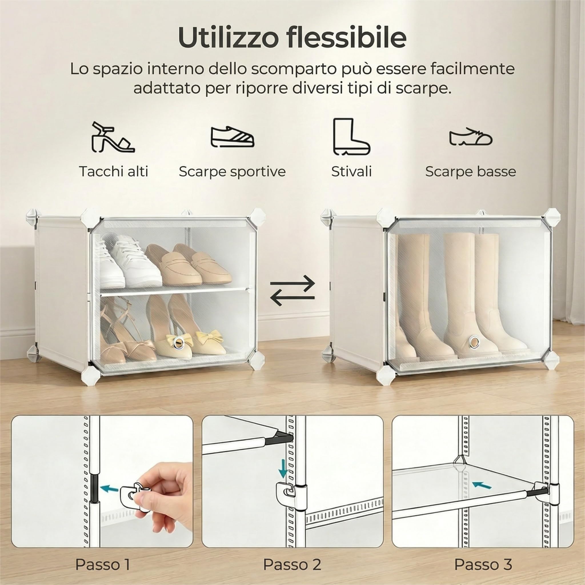 Scarpiera salvaspazio a 44 scomparti con porta, scarpiera modulare in plastica chiusa bianca, mobile per scarpe ingresso fai da te per corridoio camera da letto