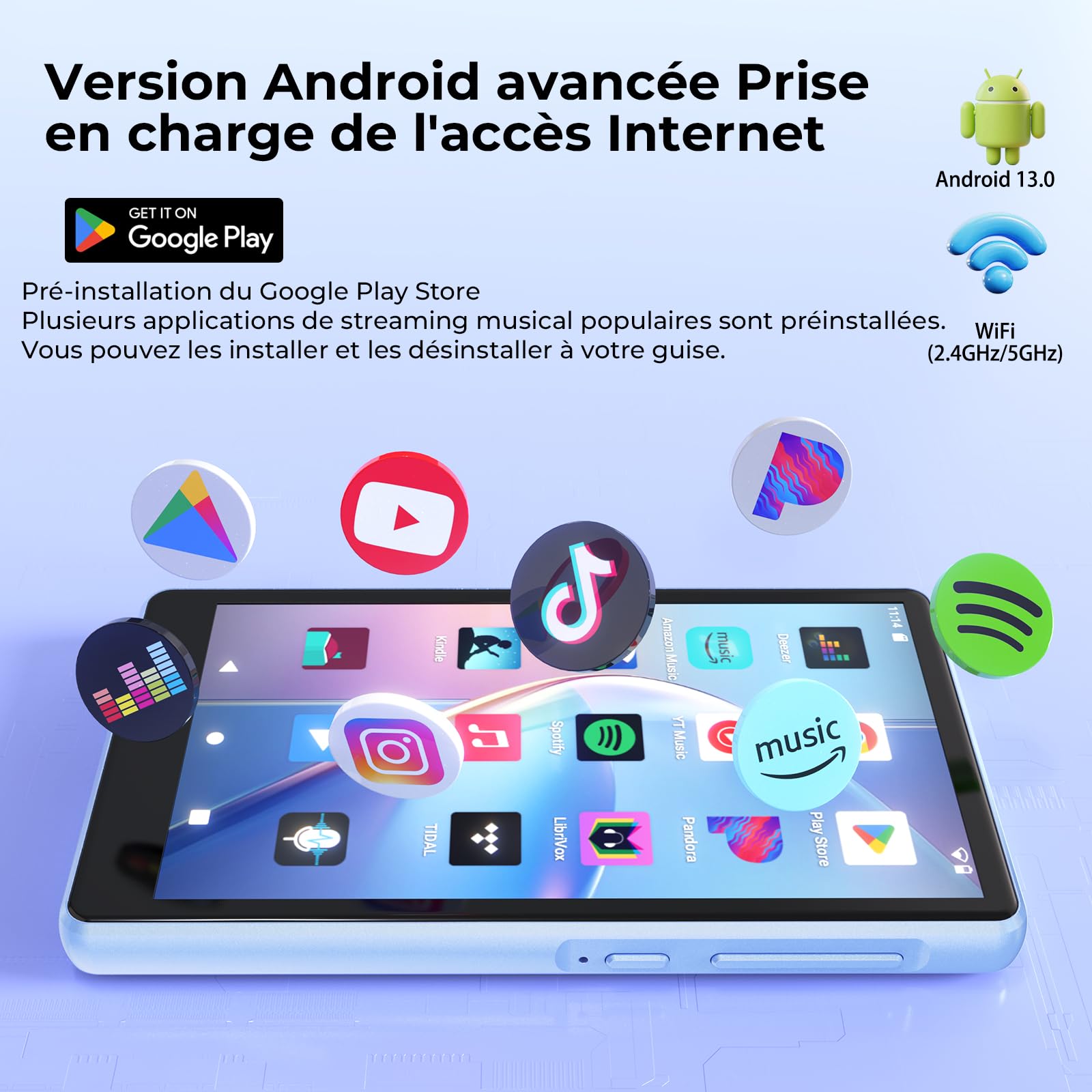 160 Go Lecteur MP3 Bluetooth et WiFi, Lecteur MP4 avec écran Tactile HD 4,5 Pouces Android Lecteur mp3 avec Spotify, Google Play,Amazon Music, Pandora, Libby,lecteurs mp3 et mp4 Enfant baladeur mp3