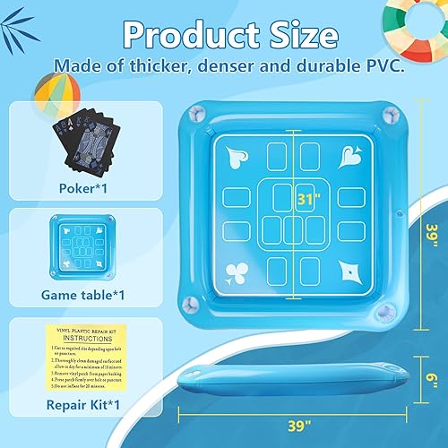 Miniatura 2 de Mesa de juego flotante para piscina  Mesa flotante inflable de 40 x 40 pulgadas para piscina con cartas de juego impermeables, gran mesa flotante