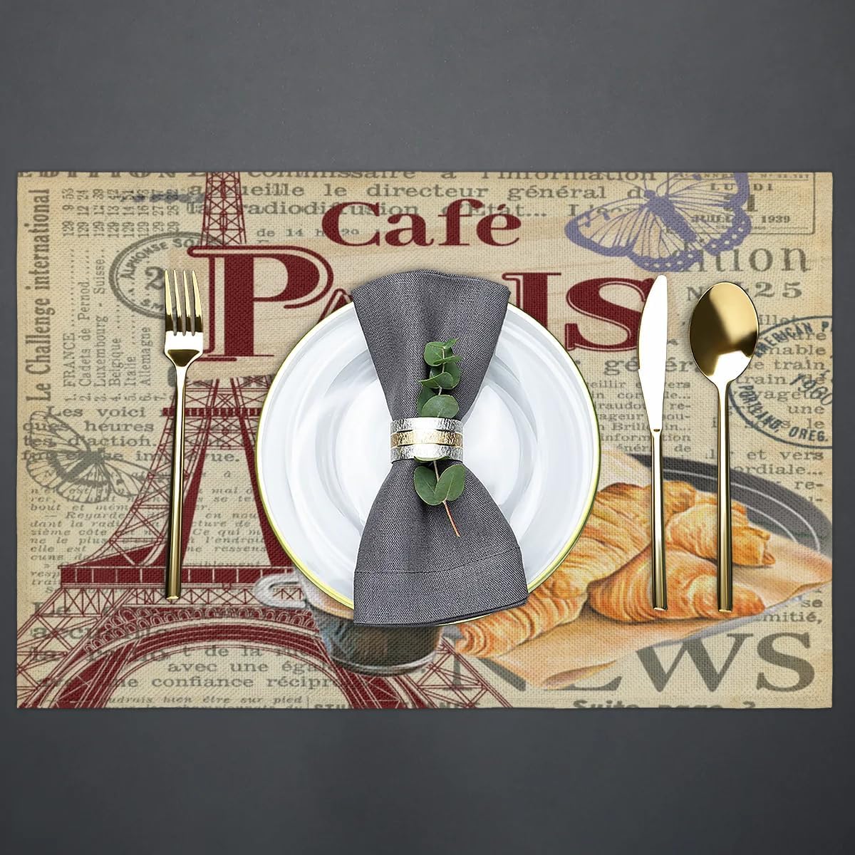 Cafe Paris Placemats 12x18 Inch Set of 6, Heat Resistant Eiffel Tower Place Mats Washable Wipeable Table Mats for Party Kitchen Dining Decoration
