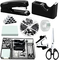 Daphilly Black Office Desk Organizer Set: Stapler, Tape Dispenser, Scissors, Clips, Staples & More - Complete Supplies Kit