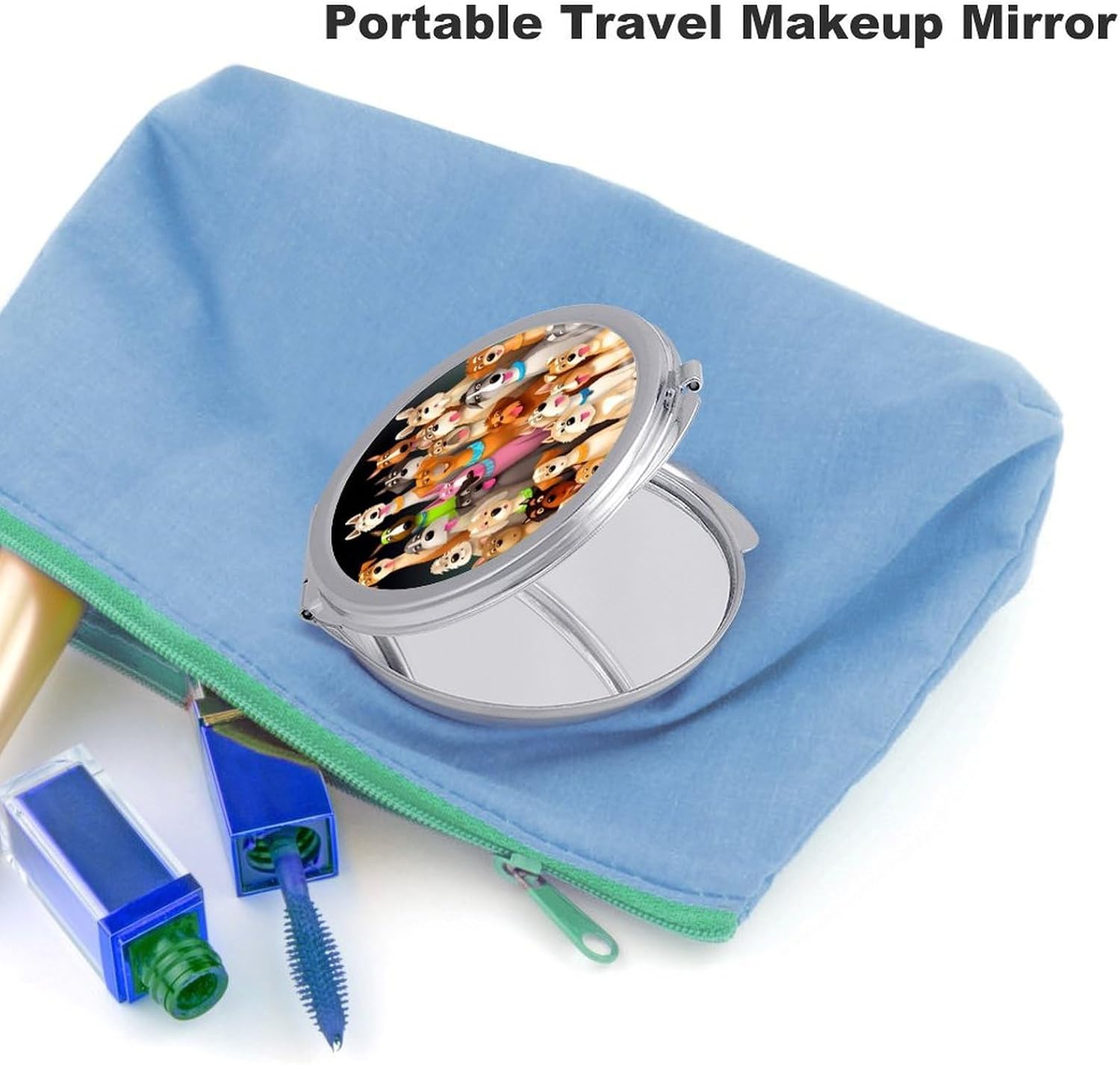 Travel Dogs Makeup Mirror Compact Pocket Vanity Mirror Double-Sided 2X /1x Magnifying Round Folding Handheld Cosmetic Beauty Mirrors for Purse Handbag image 3