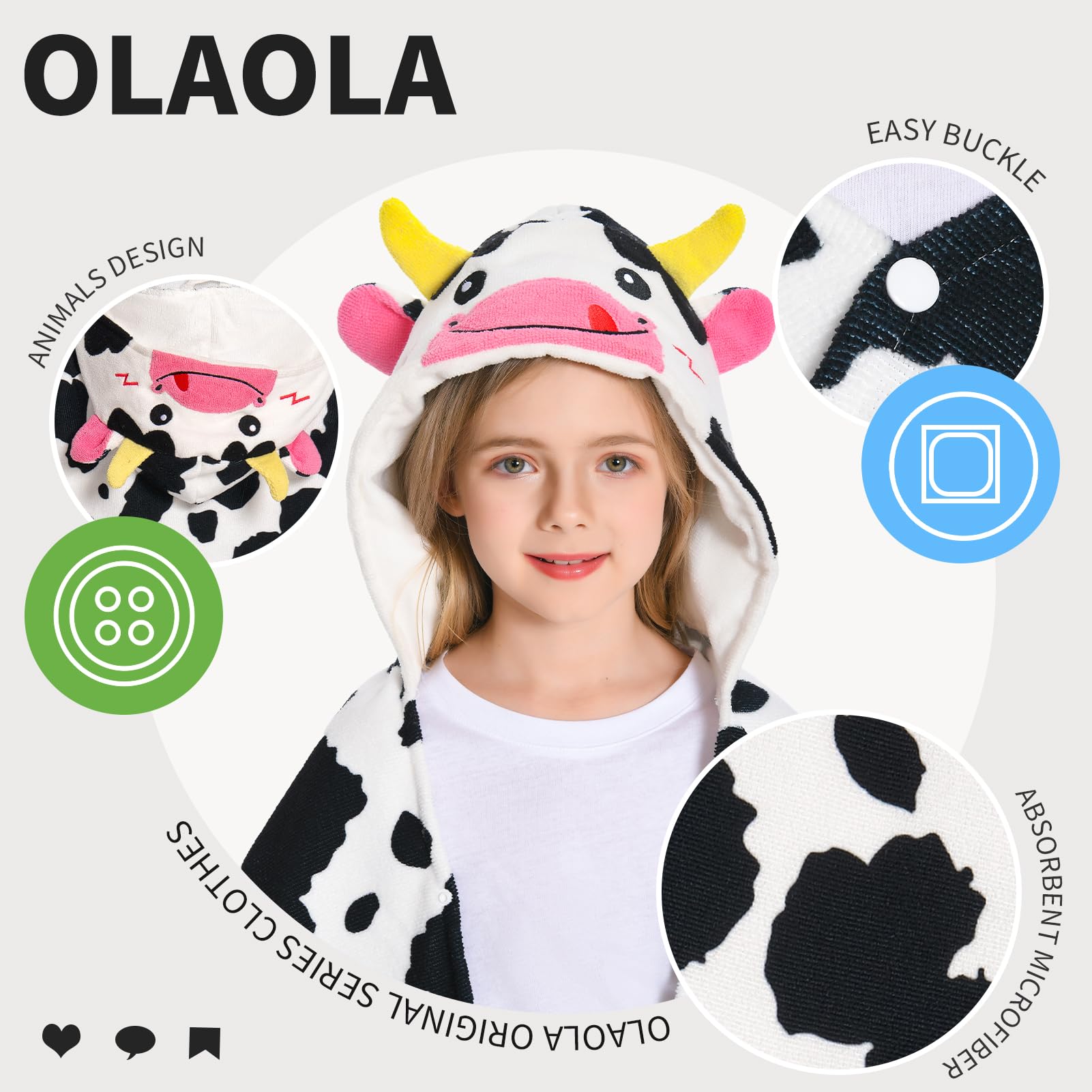 OLAOLA Toalla de Baño con Capucha para Niños, Toallas de Playa Microfibra Suave para Nadar Surfear, Poncho de Baño para Niños y Niñas de 3 a 12 Años (Vaca)