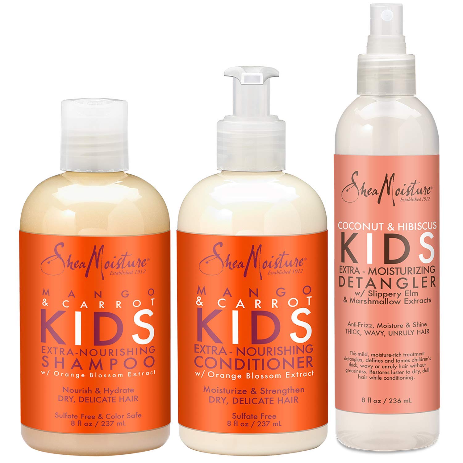 Shea Moisture Kids Hair Care Combination Pack - Includes Mango & Carrot 8oz KIDS Extra-Nourishing Shampoo, 8oz KIDS Extra-Nourishing Conditioner, and 8oz Coconut & Hibiscus KIDS Detangler
