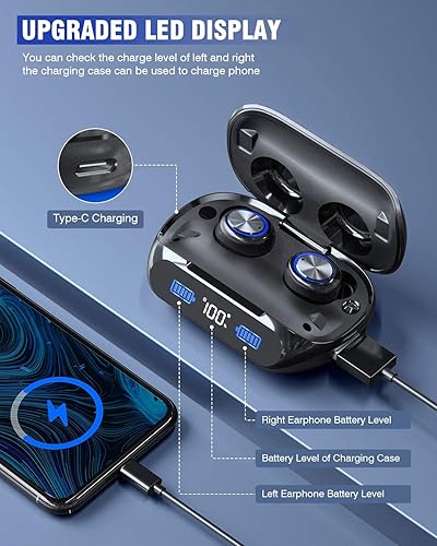 Miniatura 3 de Auriculares inalámbricos de 200 horas de reproducción Bluetooth, IPX7 impermeable, con cancelación de ruido, pantalla LED de alimentación con funda