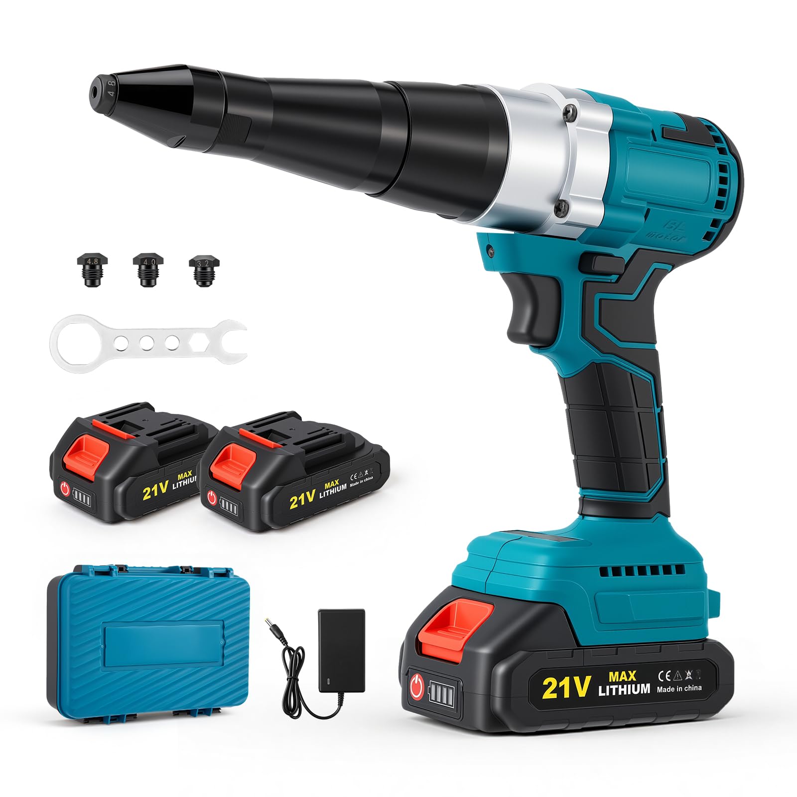 Remachadora inalámbrica con 2 baterías recargables de 2000 mAh, remachadora eléctrica automática sin escobillas para remaches ciegos de 2,4 a 5,0 mm