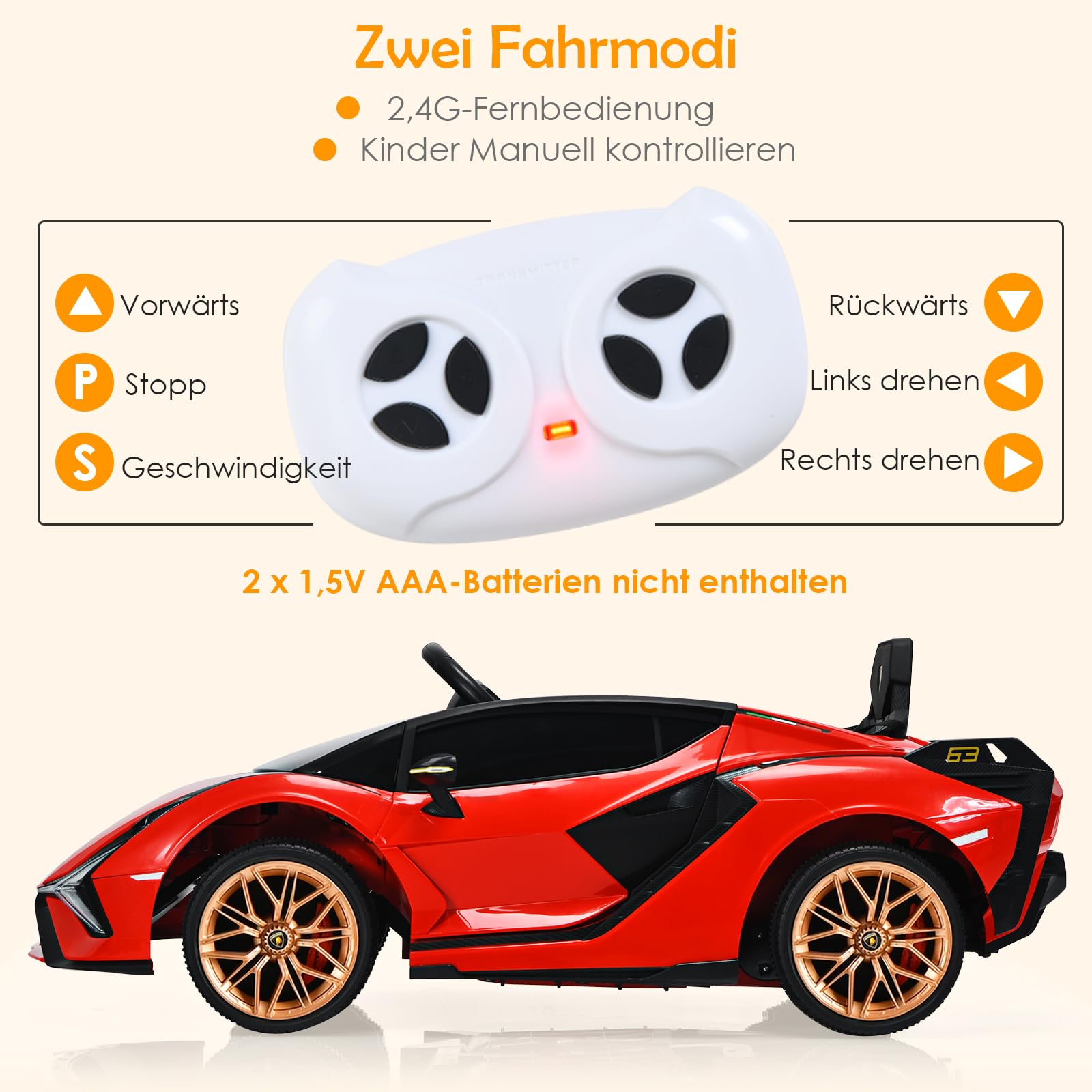 GOPLUS Samochód elektryczny dla dzieci Lamborghini, samochód dziecięcy z pilotem zdalnego sterowania, pojazd dziecięcy, Bluetooth USB, z klaksonem i muzyką, 3-5 km/h, możliwość jazdy do przodu i do