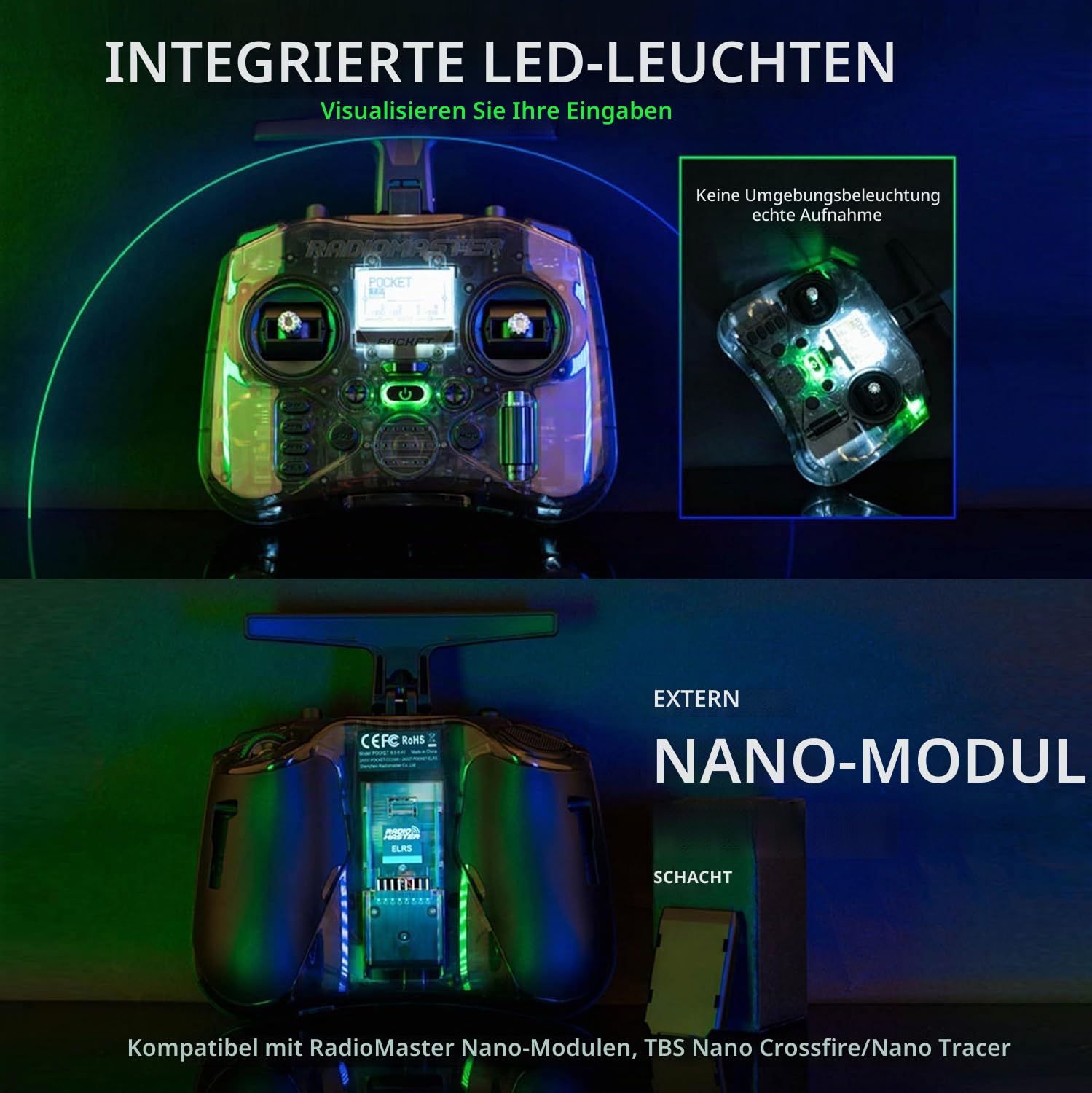 Radiomaster Pocket ELRS Fernsteuergerät Tragbares Hall-Gimbal-Transmitter mit EdgeTX-Firmware und LED-Licht für FPV-Drohnen/RC-Hubschrauber & Autos & Boote & Multicopter, Modus 2