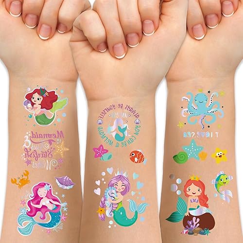 Tatuajes temporales de sirena para niños, 86 tatuajes falsos de bronce de estilo metálico para fiesta de cumpleaños de sirena, regalo de regalo,
