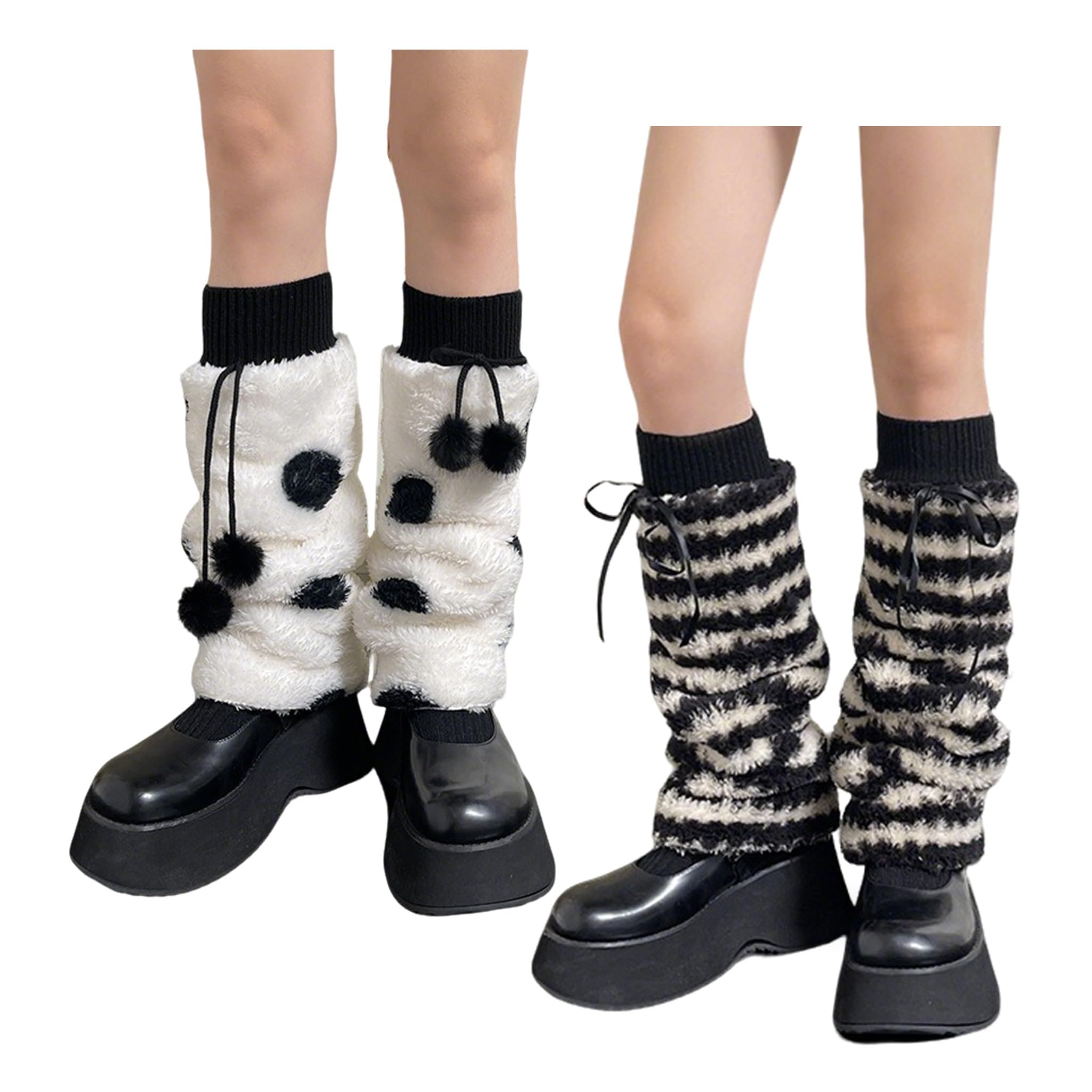 2 Pairs Women Y2K Leg Warmers Striped with Bow Decor Polka Dot with Pom-pom Decor Warm for Daily