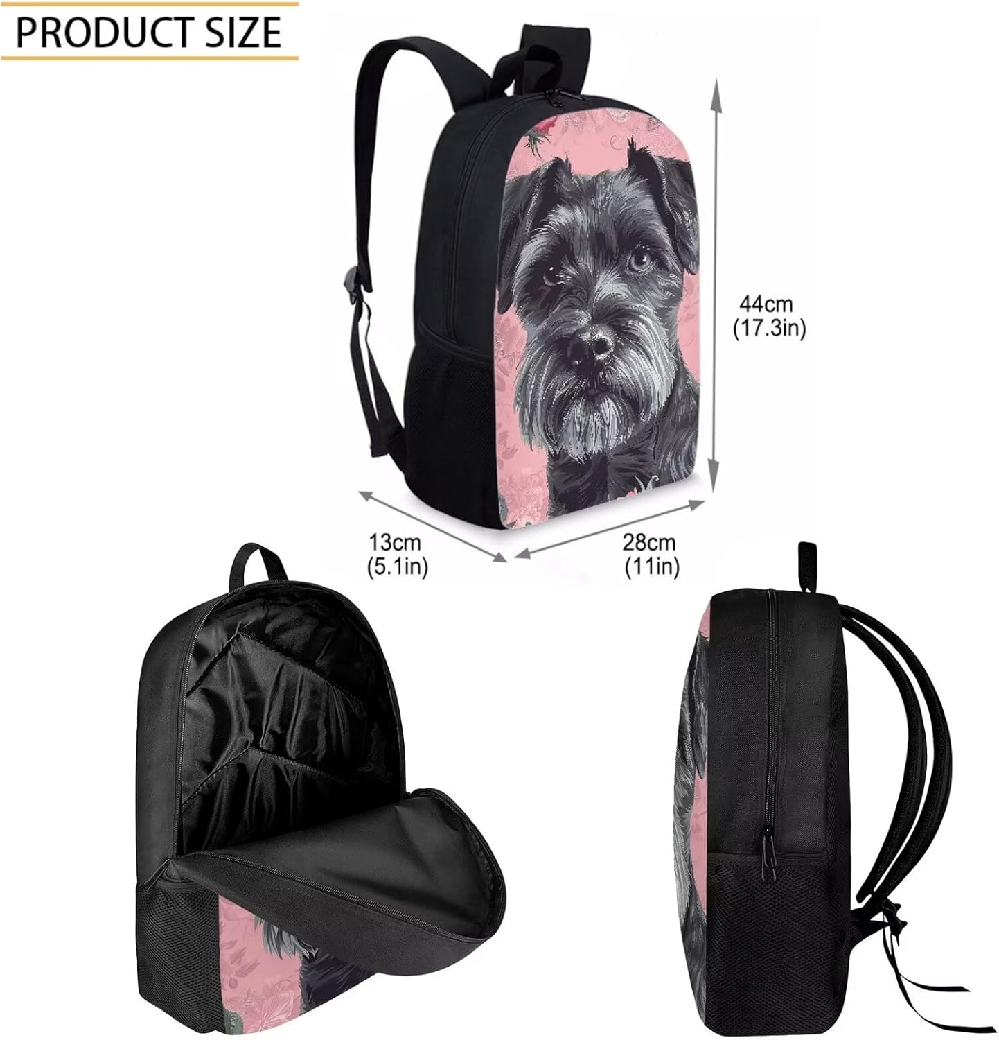 Howilath Cute Schnauzer Dog Pattern School Backpack Boys Kids School Bookbag Set, 17 Inch Girls Backpack Set Kids Shoulder Book Bag and Lunch Bag Pencil Case 3 in 1