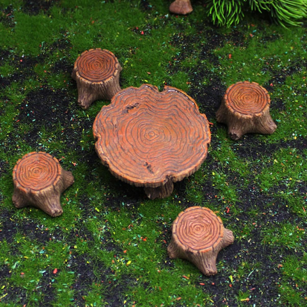 1 Satz Minihocker Mikro Pflanzen Miniatur-Tischstühle Mini-Gartenstühle Wohnkultur Harz-Stumpfhocker- Harz Stuhl Tisch Handwerk Baumstumpftisch Feengartendekor