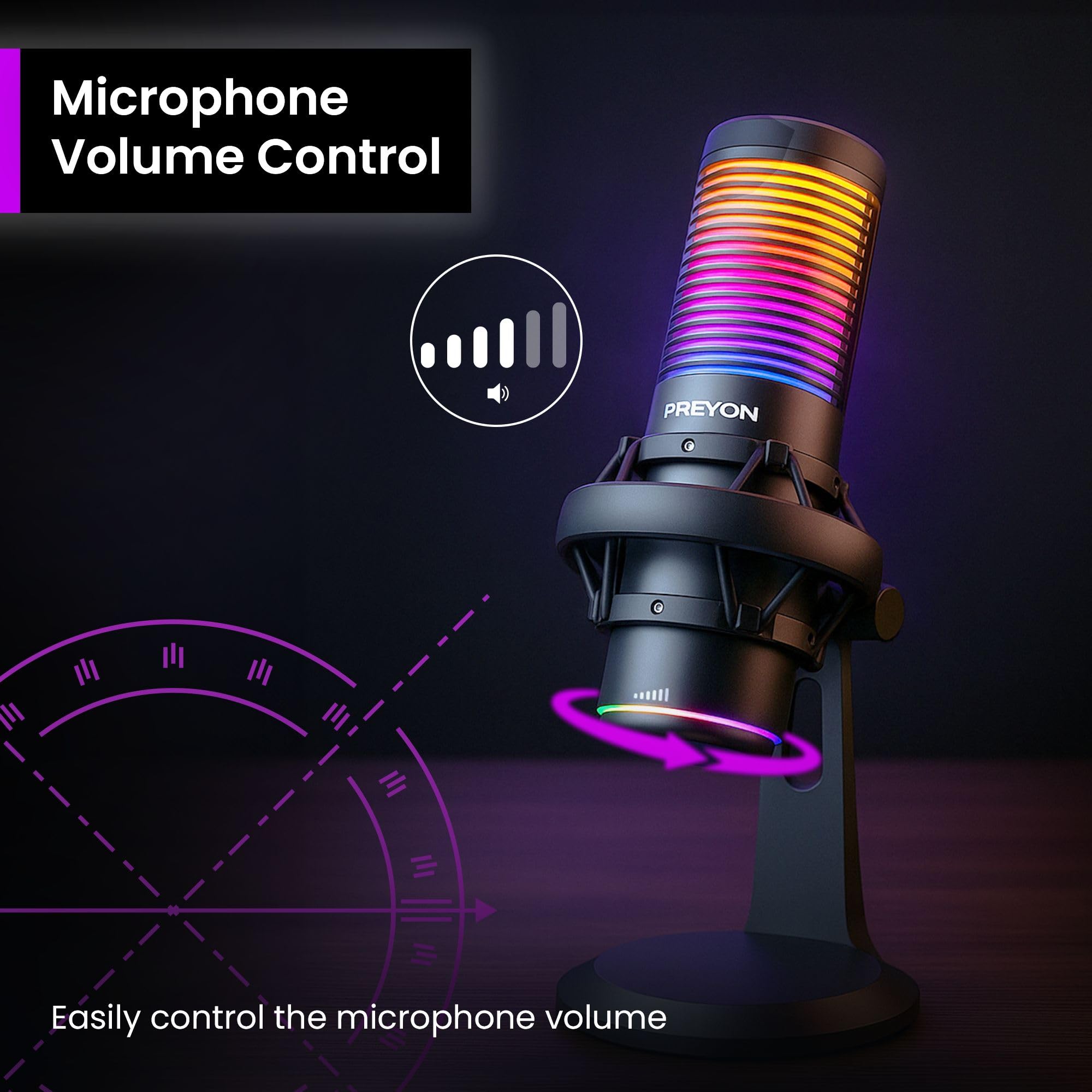 PREYON Microfono PC Gaming RGB USB per Video Social Podcast Condensatore Professionale Streaming con Asta Asmr - Laptop Cantare Registrare Canzoni Micro con Pulsante di Silenziamento – Nero