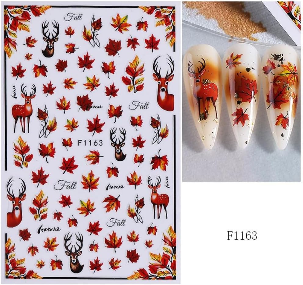 Fall Nail Stickers Mushroom Leaf Nail Art Stickers 3D Self Adhesive Maple Leaves Elk Nail Decals Autumn Thanksgiving Day Nail Design Orange Yellow Nail Art Supplies for Women 6 Sheets image 4