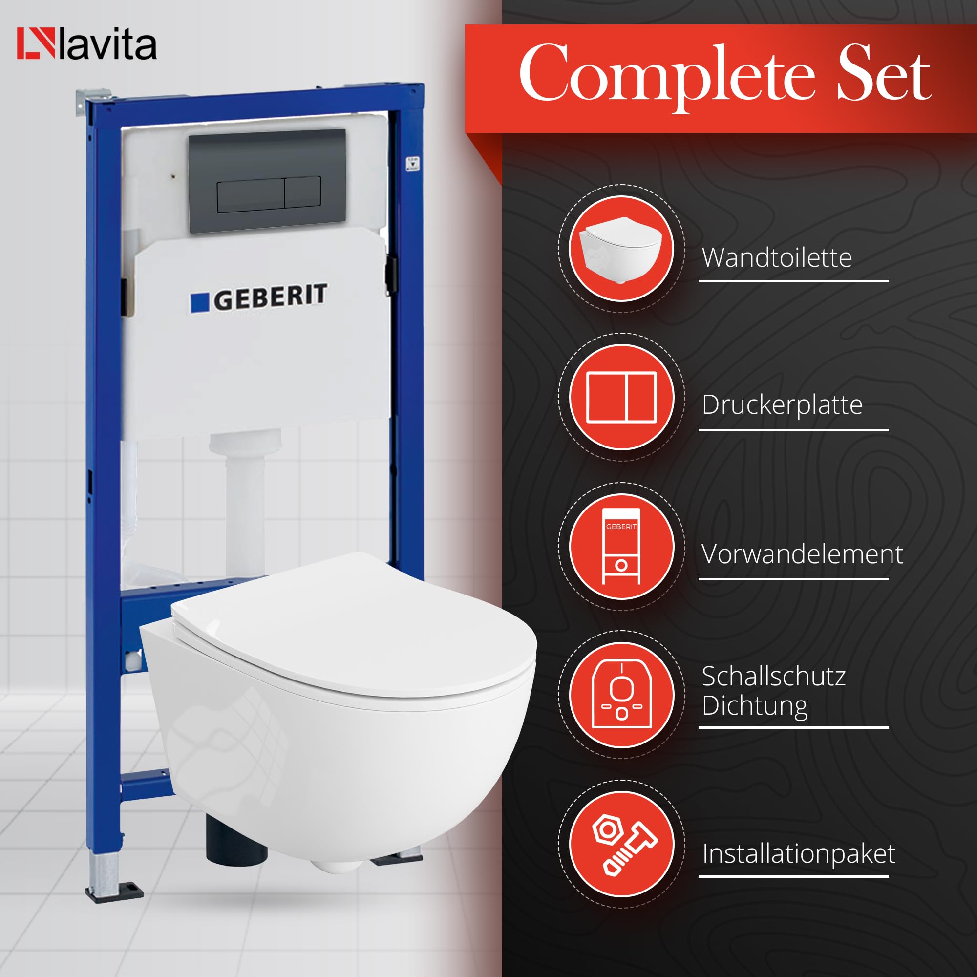 Duofix - Inodoro básico de pared + fregadero profundo de pared Brava blanco sin bordes + placa de control Delta 25 | Botón negro | Juego completo | cisterna empotrada | inodoro completo