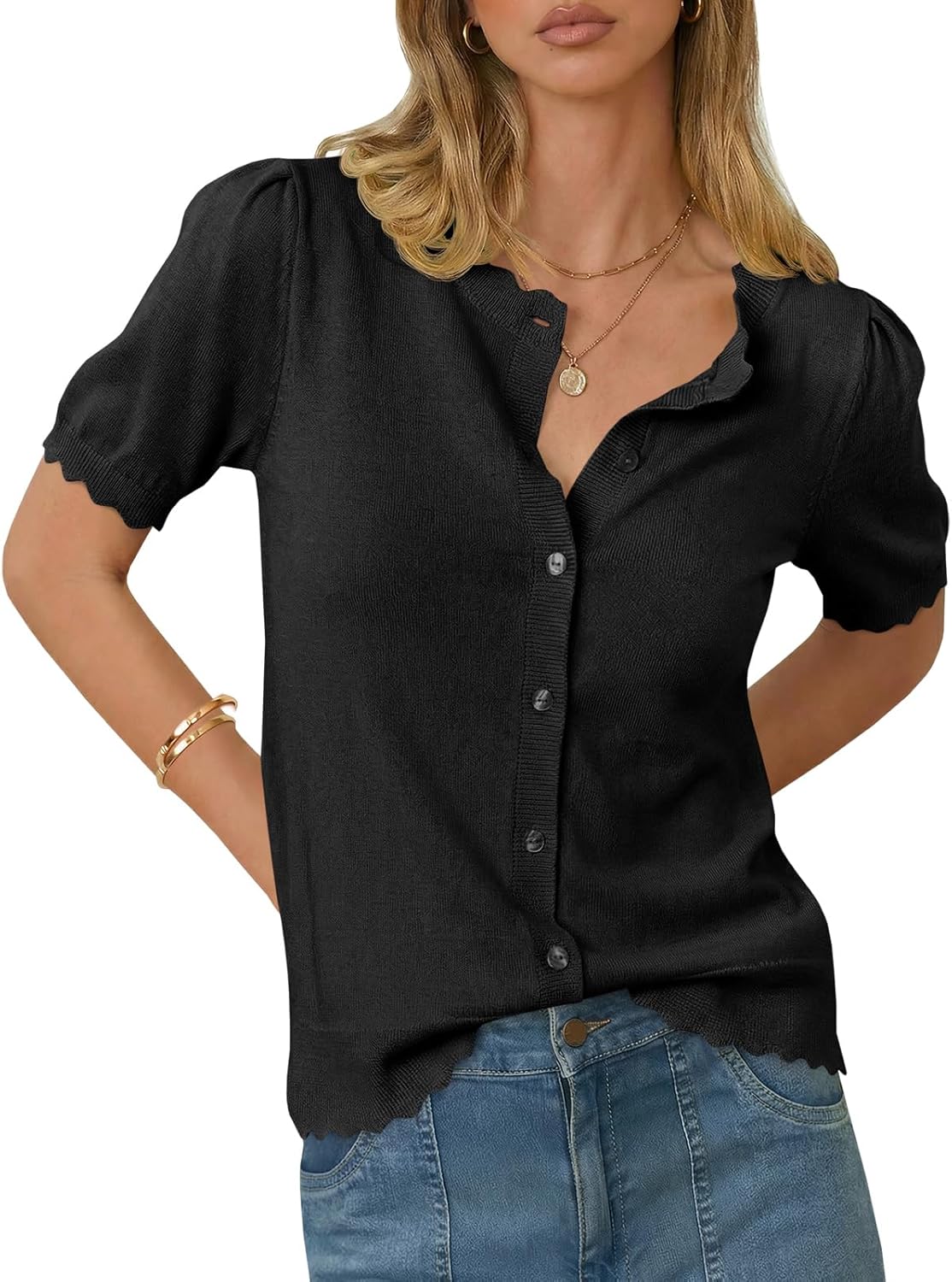 Saodimallsu Womens Puff Short Sleeve Cardigans Lightweight Button Down Shirts Crew Neck Casual Knit Sweater Tops