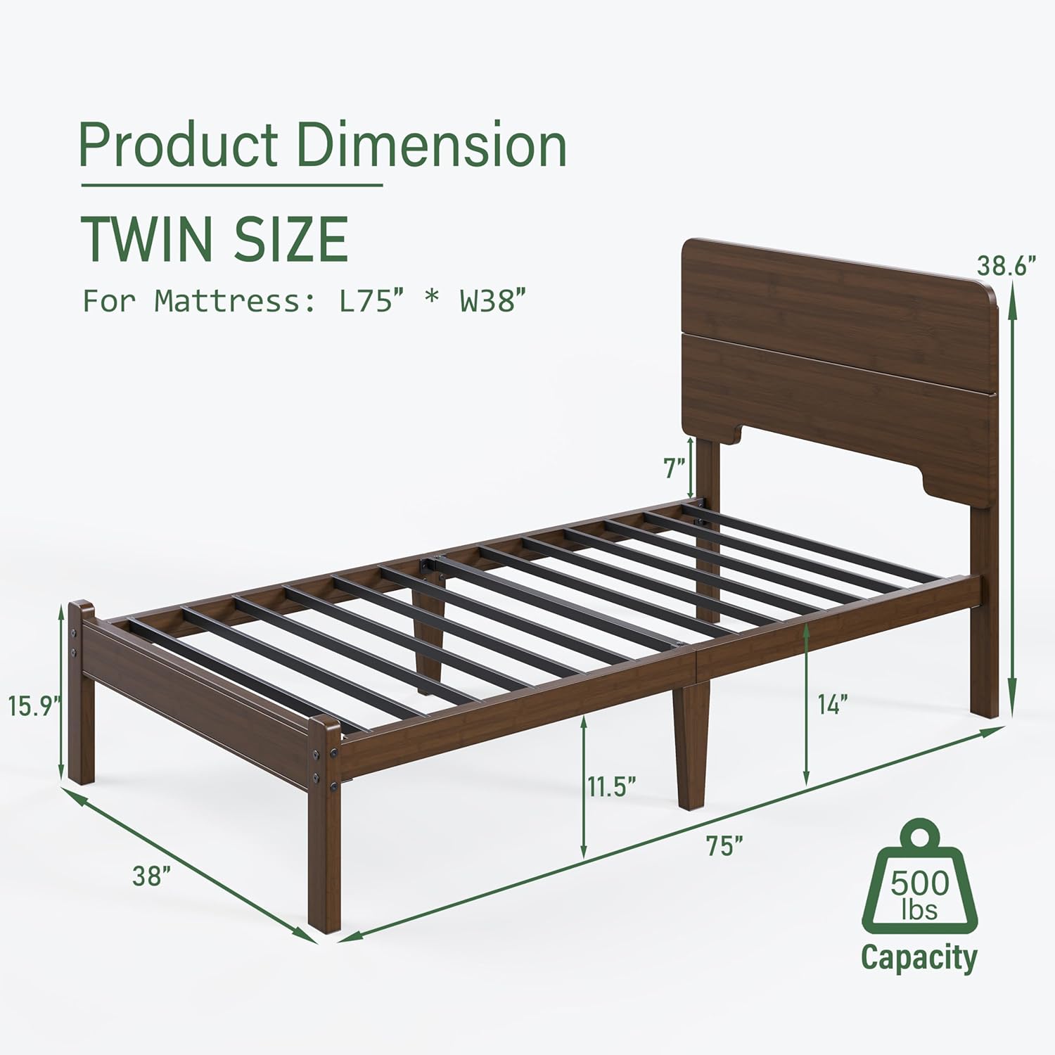 14in High Solid Bamboo Wood Platform Twin Size Bed Frame with Headboard, Reinforced Heavy Duty Metal Slats, Noise Free, No Box Spring Needed, Easy Assembly, Walnut