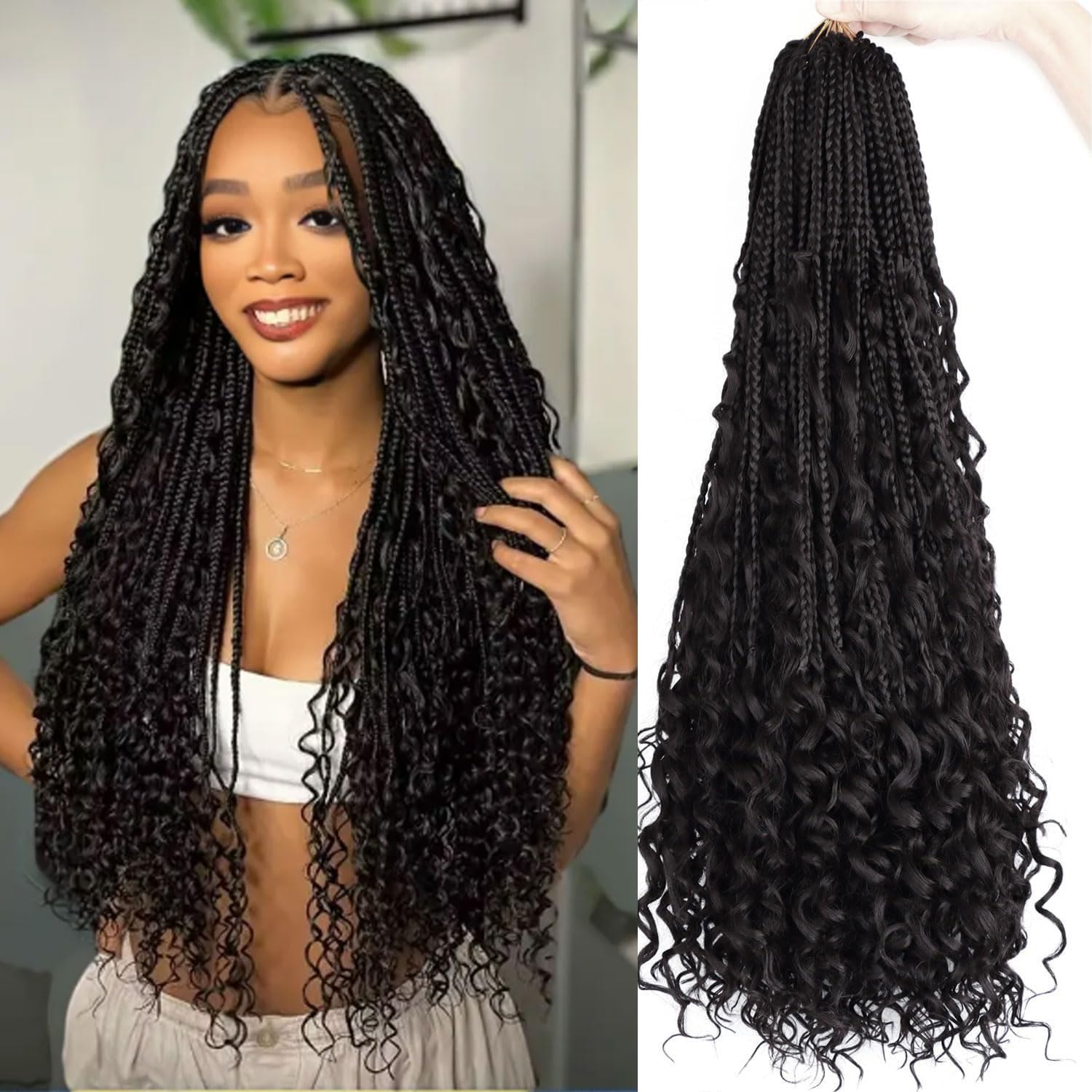 LMZIM 24 Inch Boho Box Braids Crochet Hair 8 Packs Bohemian Crochet Box Braids with Curly Ends Goddess Box Braids Synthetic Crochet Hair for Black