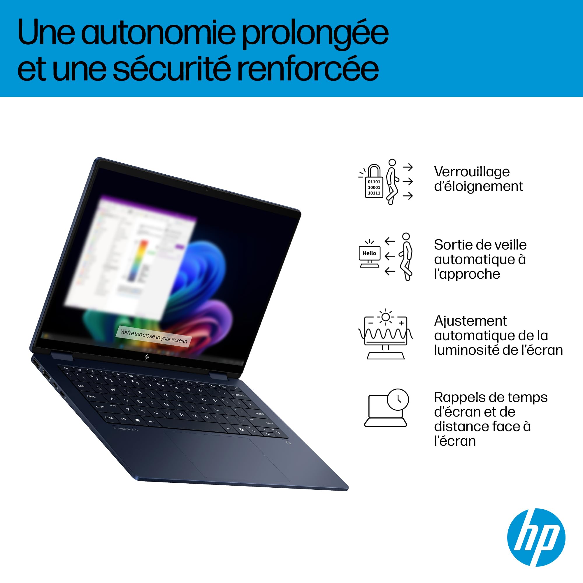 HP OmniBook X Flip 14-fm0000sf Ordinateur Portable 14" 2K OLED Tactile, PC Portable (Intel Ultra 5-226V, RAM 16 Go, SSD 512 Go, Intel Arc 130V GPU, Windows 11), Laptop Bleu, Clavier AZERTY