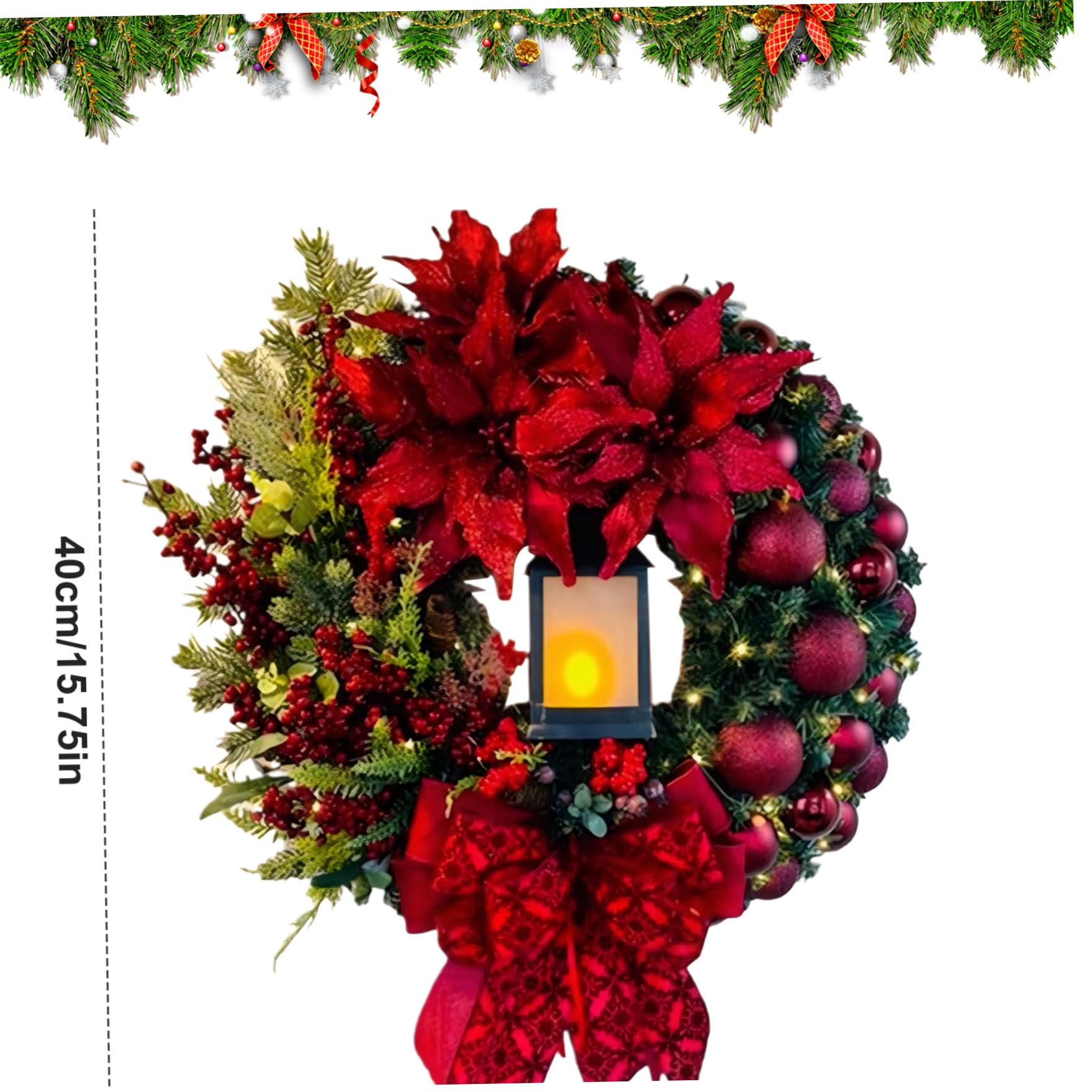 16 Coronas navideñas para Puerta de Entrada con luz y Lazo - Corona de Puerta roja Artificial para decoración Interior y Exterior - Navidad