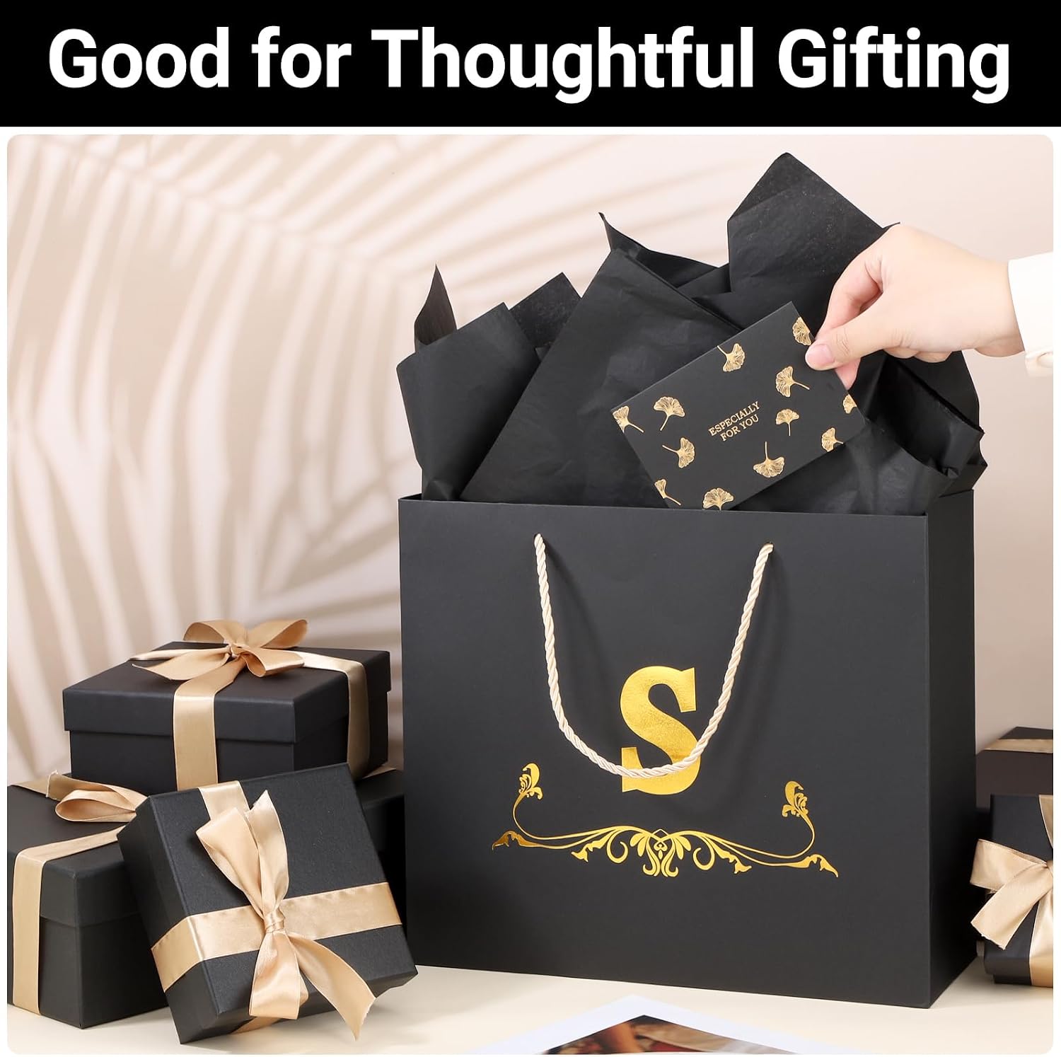 EUSOAR Birthday Gift Bags for Men, 1pcs 12.5"x4.5"x11" Black Personalized Large Initial Paper Bags with Handles Tissue Paper Card, Monogrammed Gift Bag for Men Women Anniversary Wedding Party-Letter S