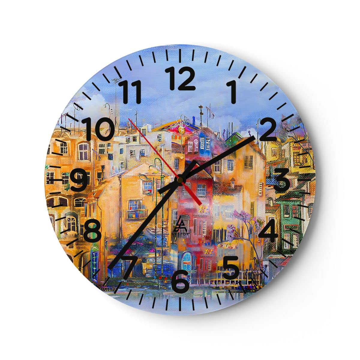 ARTTOR Zegar ścienny na szkle 40x40 cm Nowoczesny stary miasto kamienica dom Cichy zegar na ścianę Sypialnia Kuchnia Deko Dekoracja ścienna Salon Wall Clock Dekor Duży C4AR40x40-3419