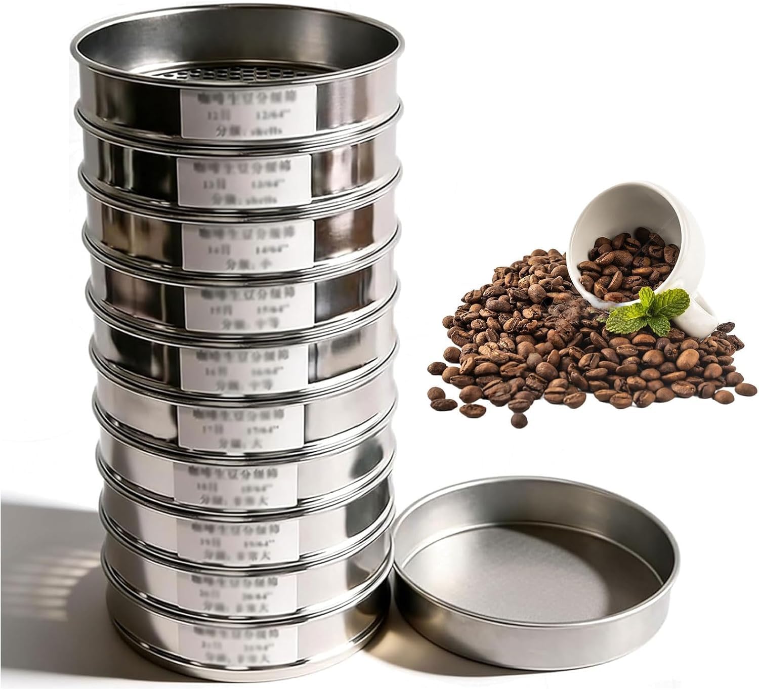 10-lagiges Mesh-Kaffeesieb-Set, Edelstahl-Siebsieb 12–21 Mesh mit Bodenwanne für Zuhause, Café, Präzision