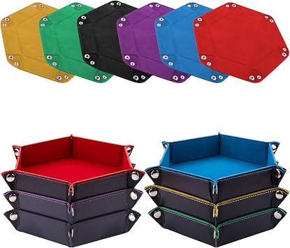 SIQUK 6 Pieces Dice Tray Hexagon Dice Rolling Holder Folding PU Leather Dice Trays for Dice Games Like RPG, DND and Other Table GamesRed, Blue, Violet, Black, Green, Yellow