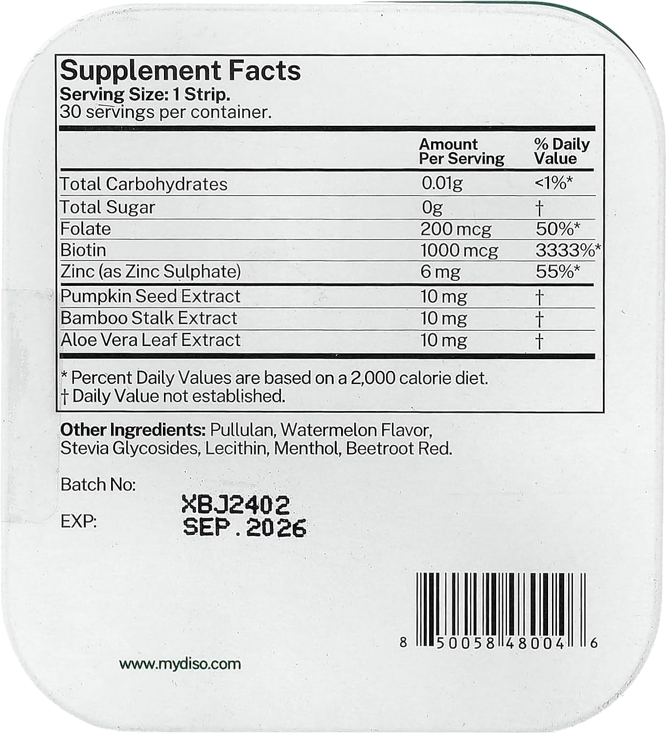 DISO - Derma - Fast-Dissolving Hair and Skin Oral Strips with Biotin, Tropical Watermelon Flavor, Vegan, Sugar Free, Maximum Absorption, Gluten Free, 30 Dissolvable Strips - Image 2