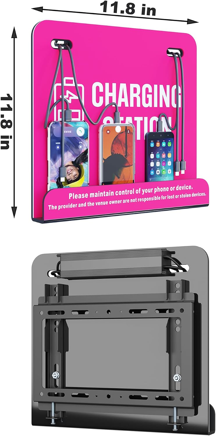 6-Port Mini Wall-Mounted Cell Phone Charging Station Compatible with 3 Type-C, 2 Apple, 1 Micro USB, Ideal for Hospital, City Hall, Shelter, Bank, Hotel, Gym, Airport, Stadium, Park, Library (Pink)